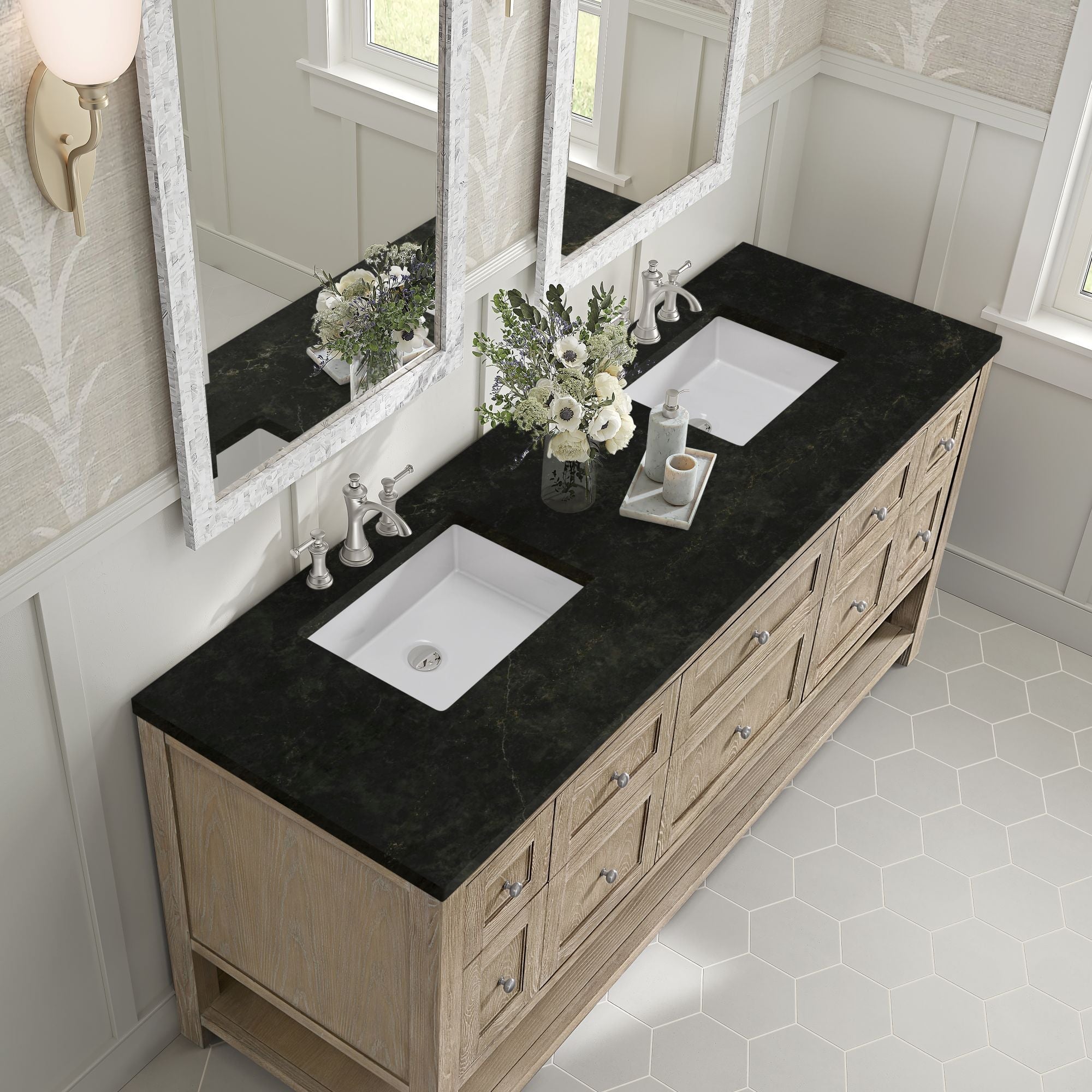James Martin Breckenridge 72" Double Bathroom Vanity, Whitewashed Oak with Phantome countertop