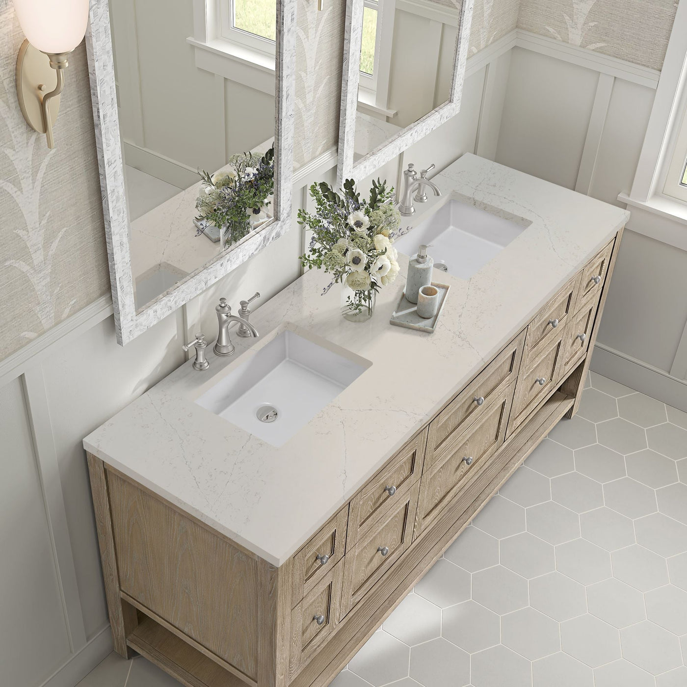 James Martin Breckenridge 72" Double Bathroom Vanity, Whitewashed Oak with Siberian countertop