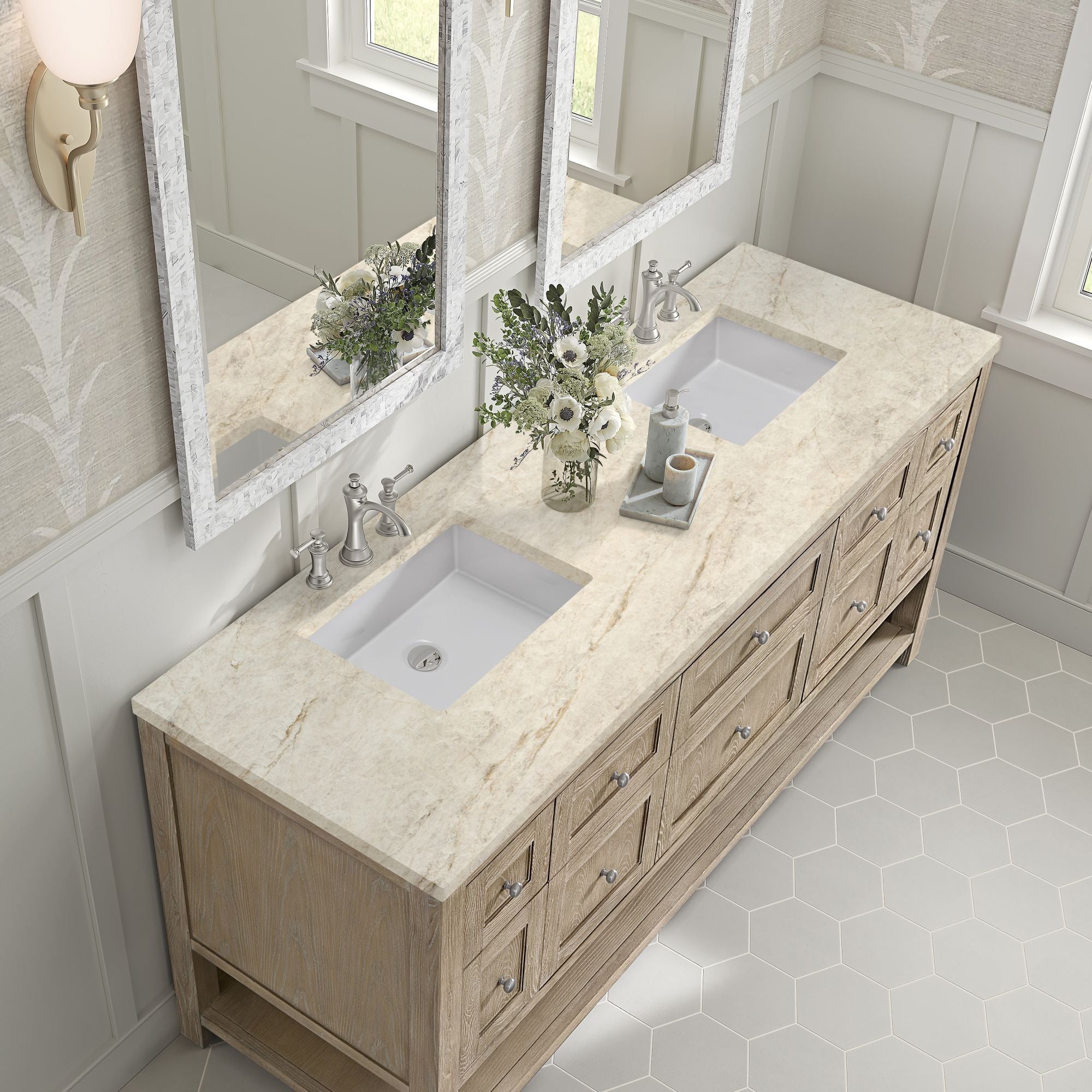 James Martin Breckenridge 72" Double Bathroom Vanity, Whitewashed Oak with Tajnar countertop