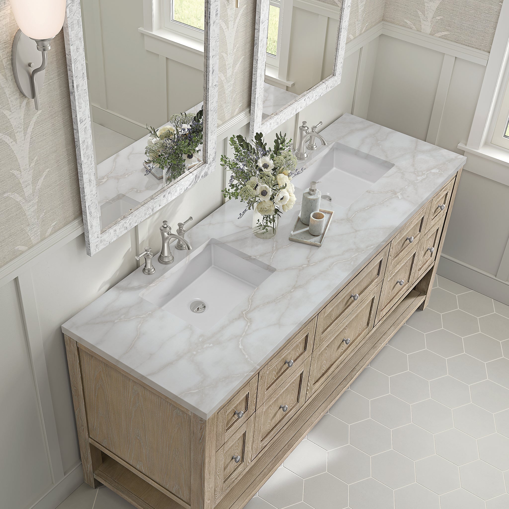 James Martin Breckenridge 72" Double Bathroom Vanity, Whitewashed Oak with Victorian Silver countertop