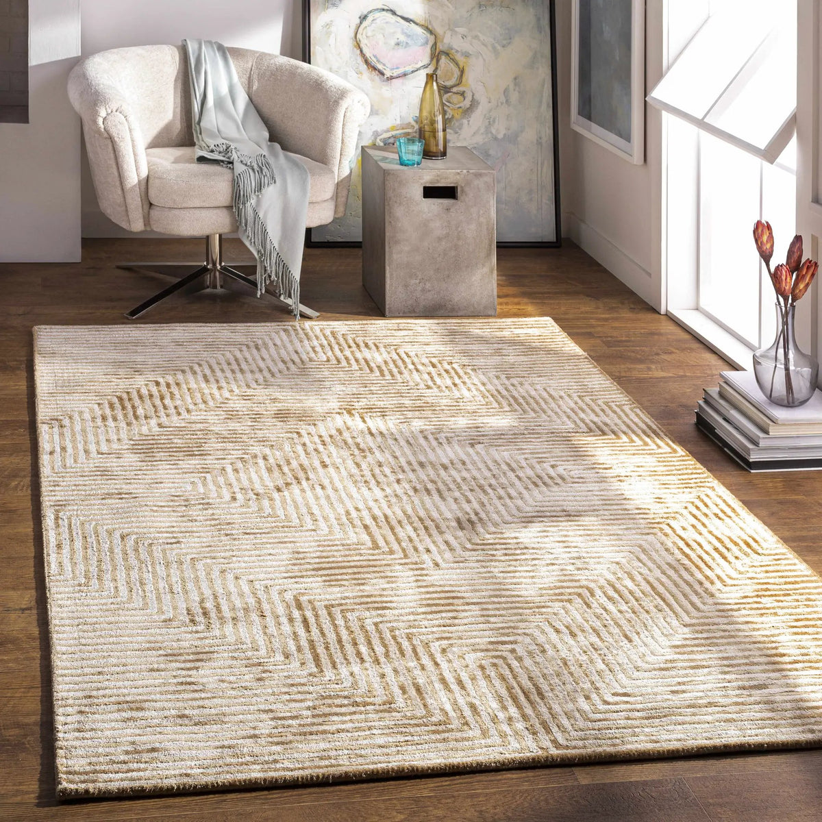 Quartz Patterned Sheen Beige Viscose Rug, installed in a room
