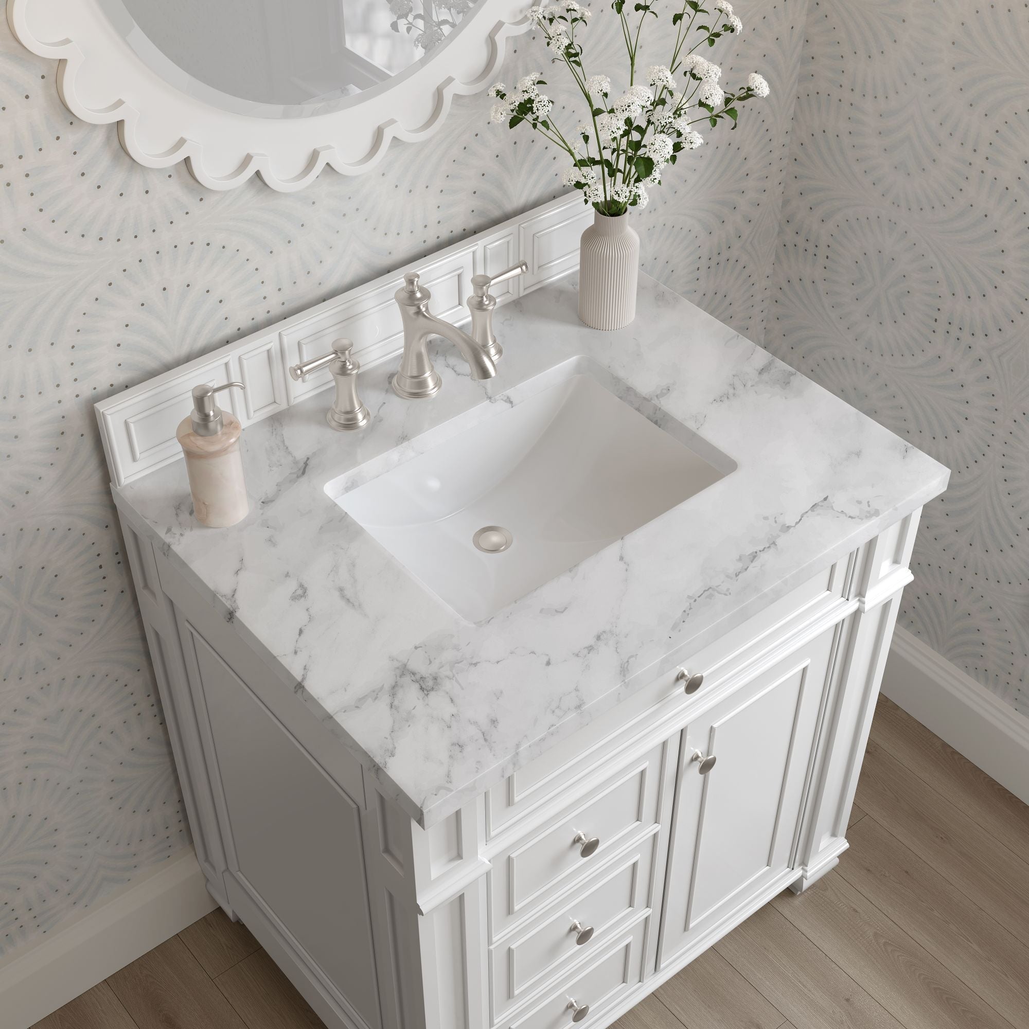 James Martin Bristol 30" Single Bathroom Vanity, Bright White with Carrara White countertop