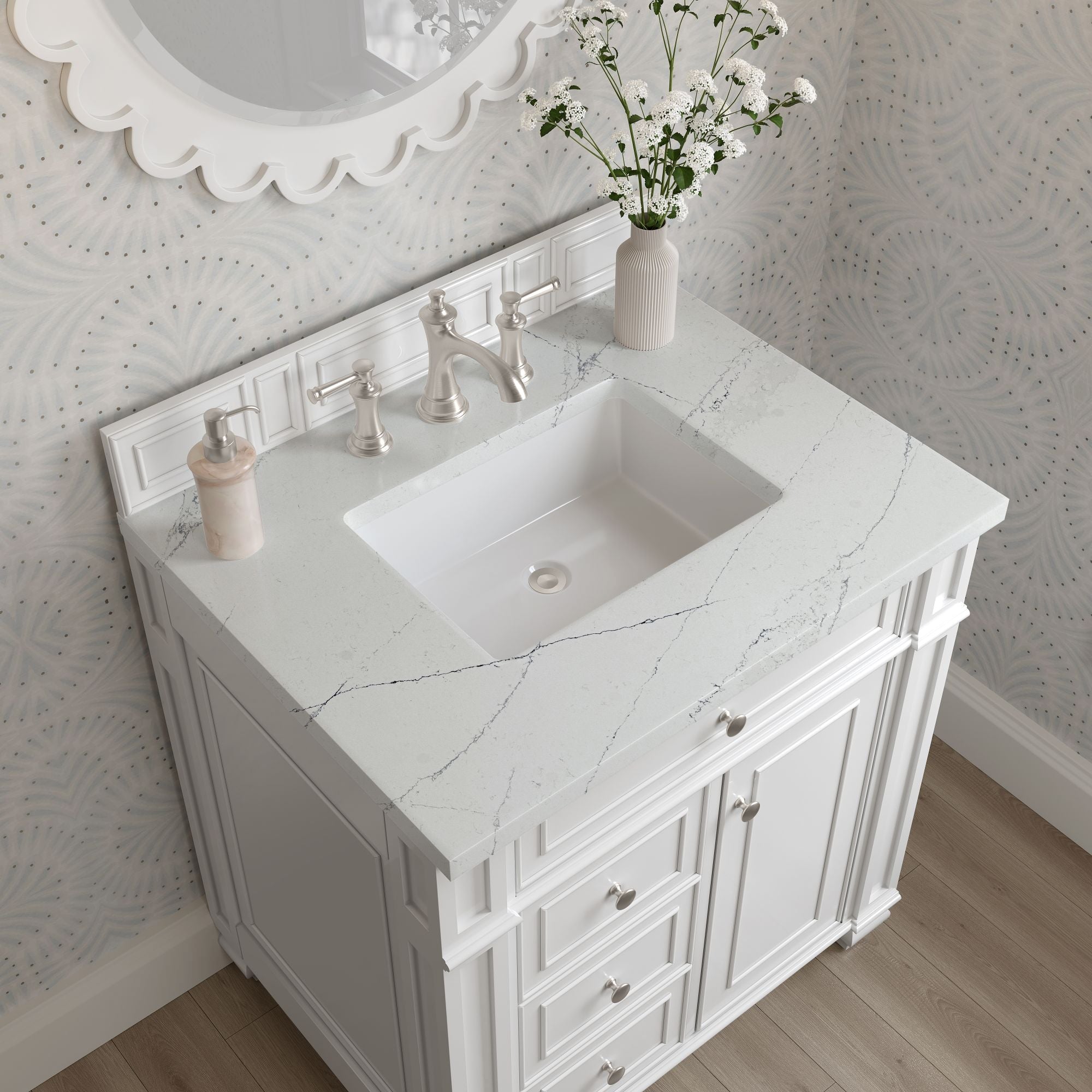 James Martin Bristol 30" Single Bathroom Vanity, Bright White with Ethereal Noctis countertop