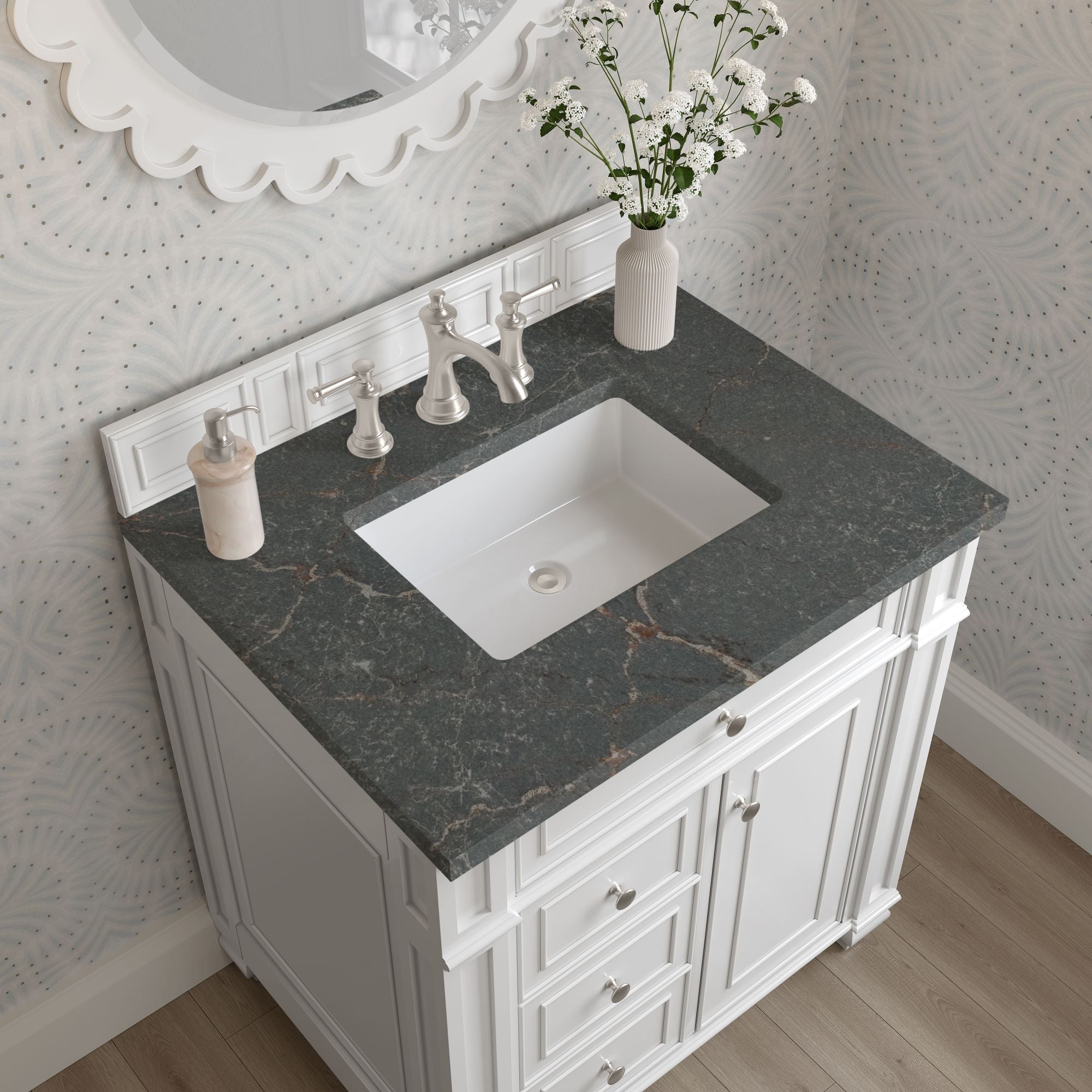 James Martin Bristol 30" Single Bathroom Vanity, Bright White with Parisien Bleu countertop