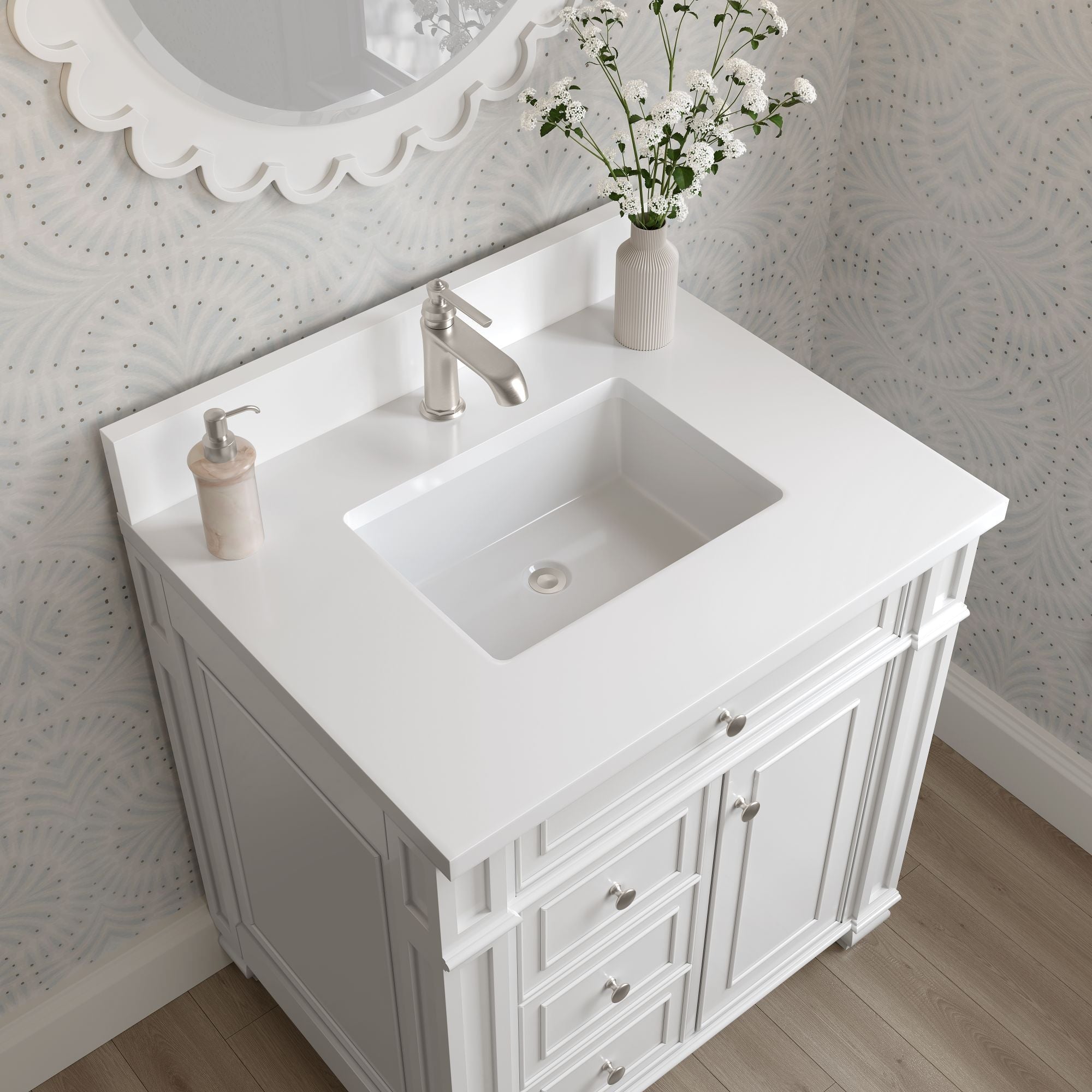 James Martin Bristol 30" Single Bathroom Vanity, Bright White with White Zeus (Single Hole, with Backsplash) countertop