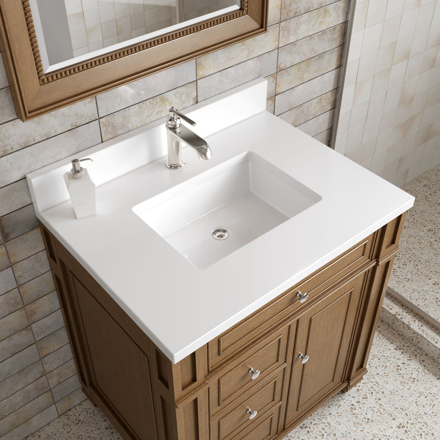 James Martin Bristol 30" Single Bathroom Vanity, Saddle Brown with White Zeus (Single Hole, with Backsplash) countertop
