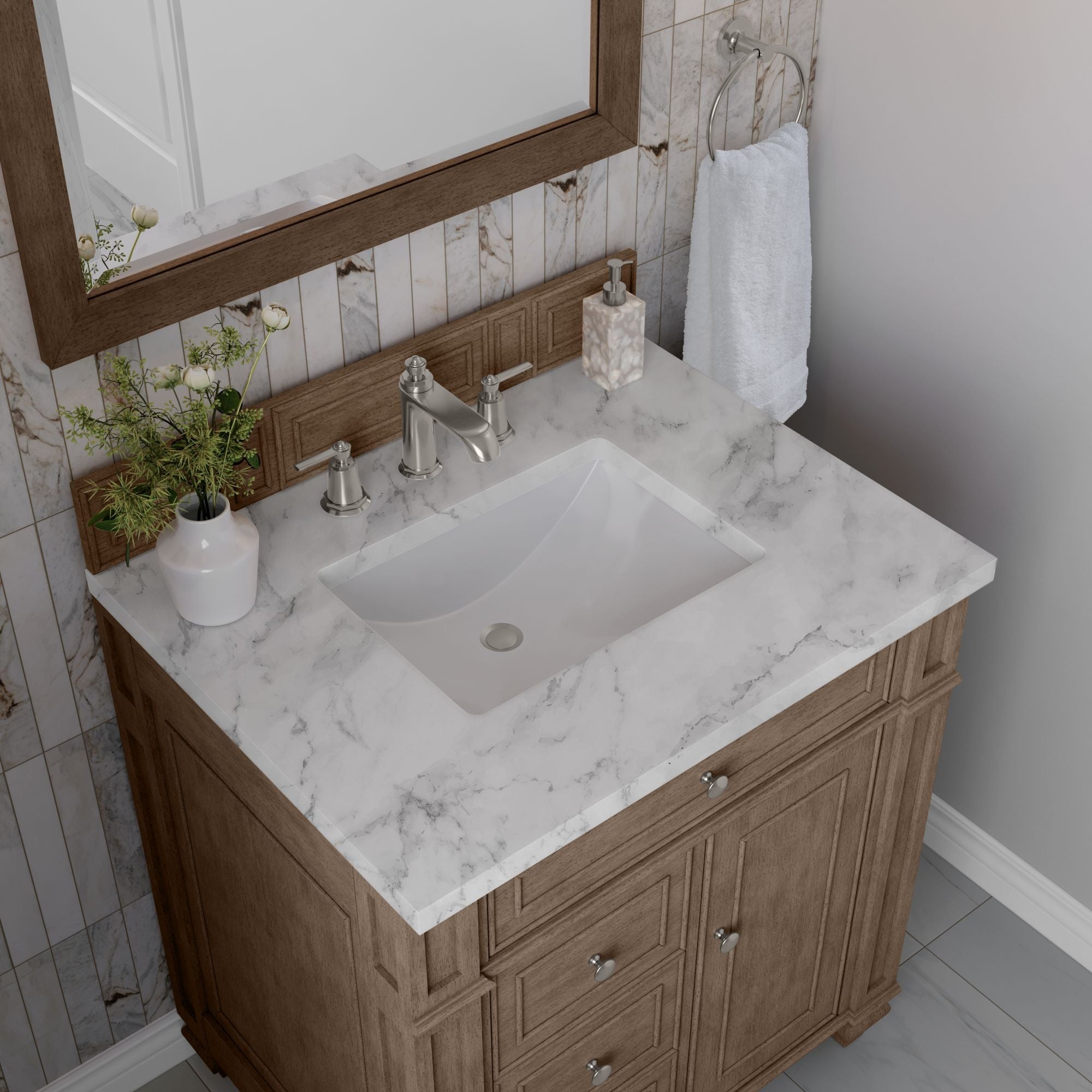 James Martin Bristol 30" Single Bathroom Vanity, Whitewashed Walnut with Carrara White countertop