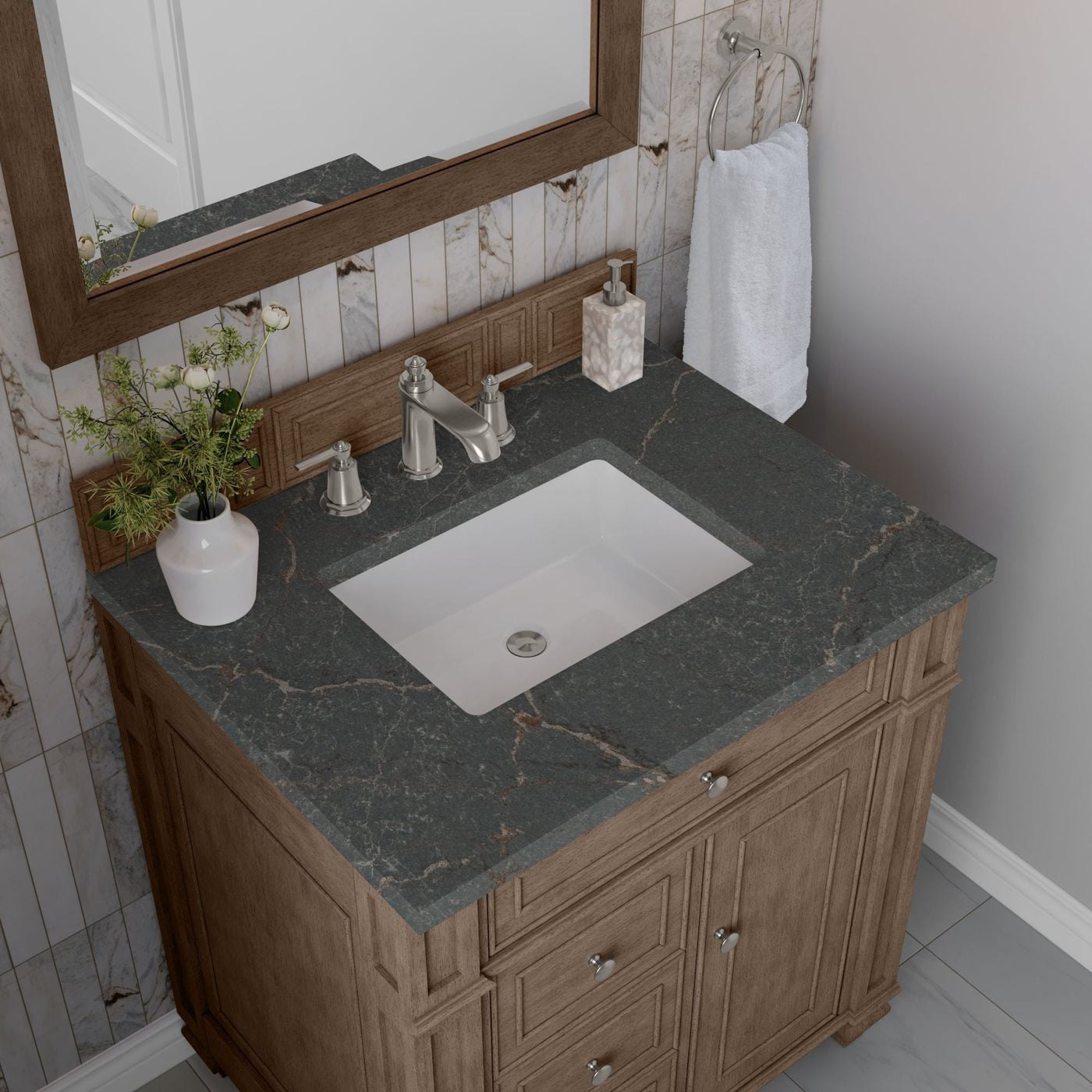 James Martin Bristol 30" Single Bathroom Vanity, Whitewashed Walnut with Parisien Bleu countertop