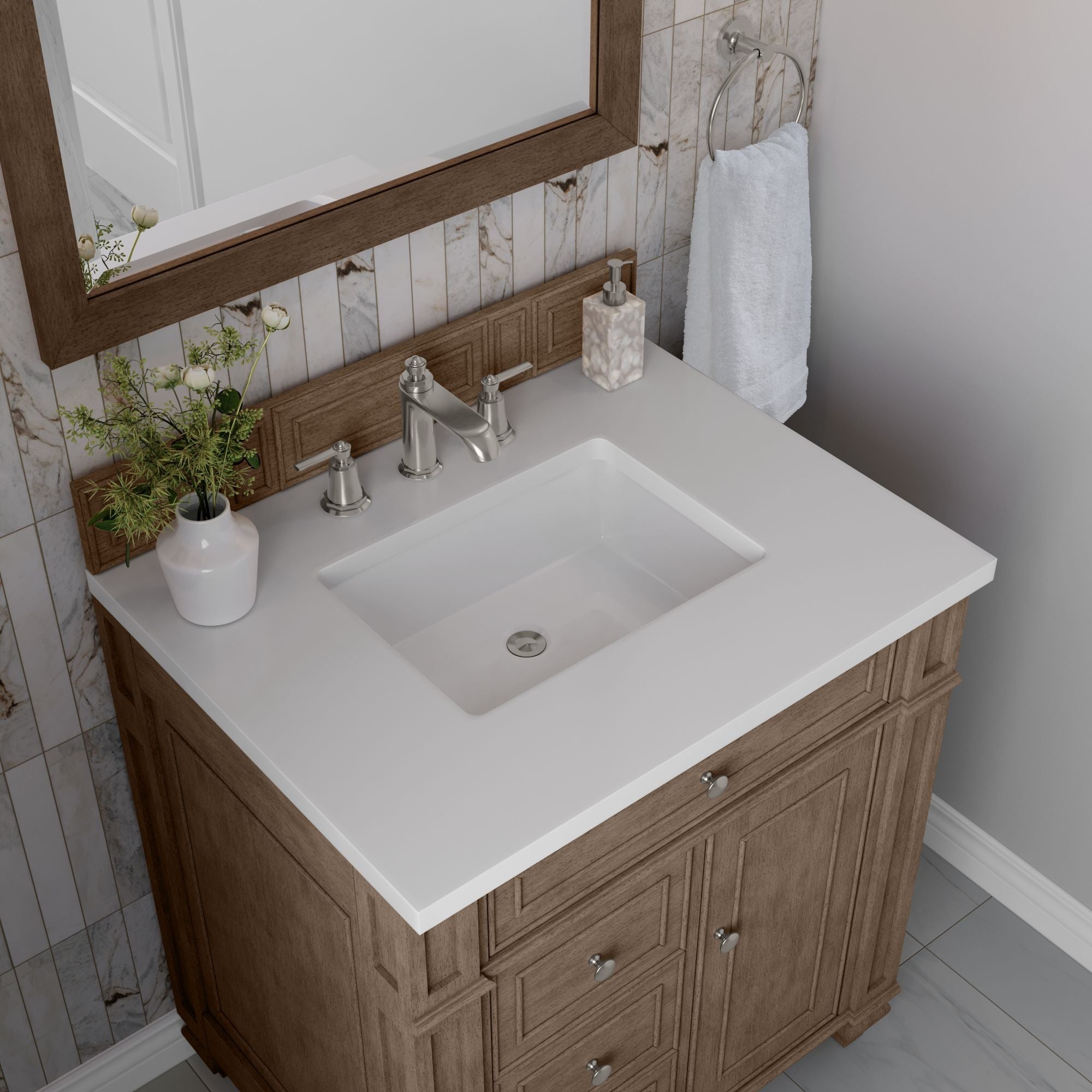 James Martin Bristol 30" Single Bathroom Vanity, Whitewashed Walnut with White Zeus countertop