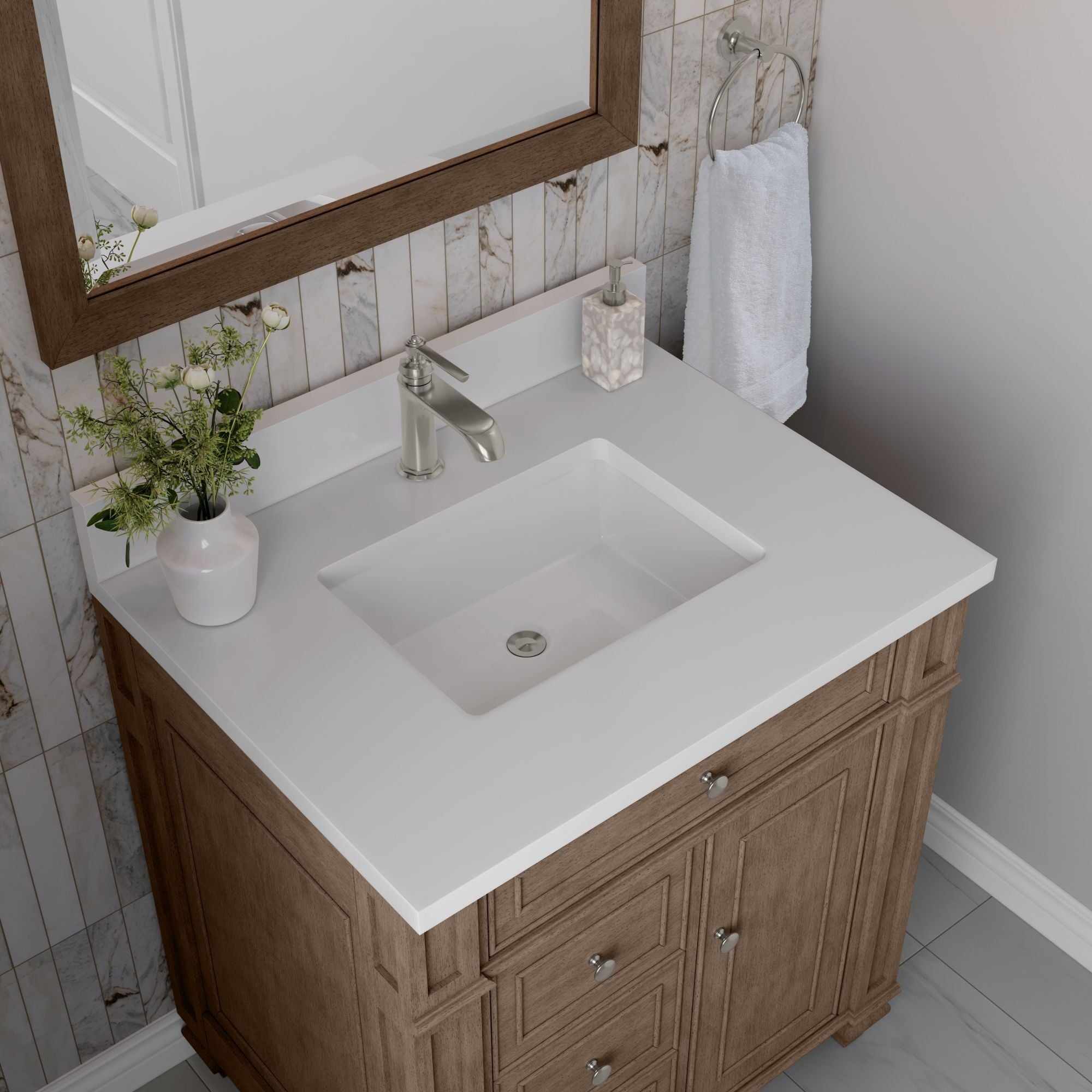 James Martin Bristol 30" Single Bathroom Vanity, Whitewashed Walnut with White Zeus (Single Hole, with Backsplash) countertop