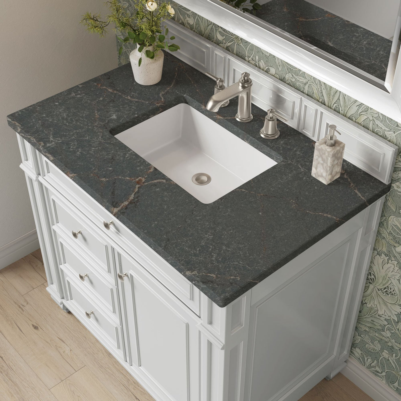 James Martin Bristol 36" Single Bathroom Vanity, Bright White with Parisien Bleu countertop