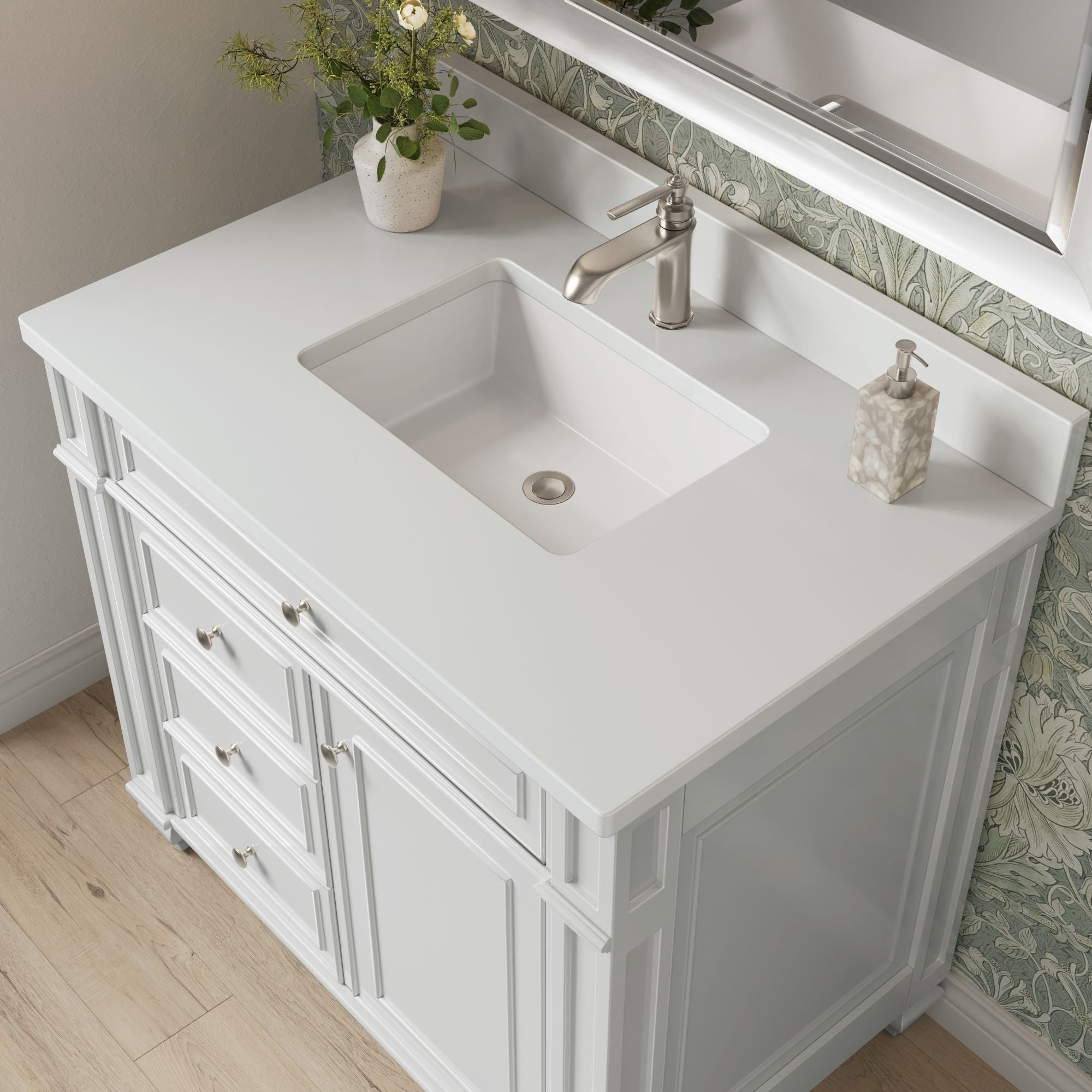 James Martin Bristol 36" Single Bathroom Vanity, Bright White with White Zeus (Single Hole, with Backsplash) countertop