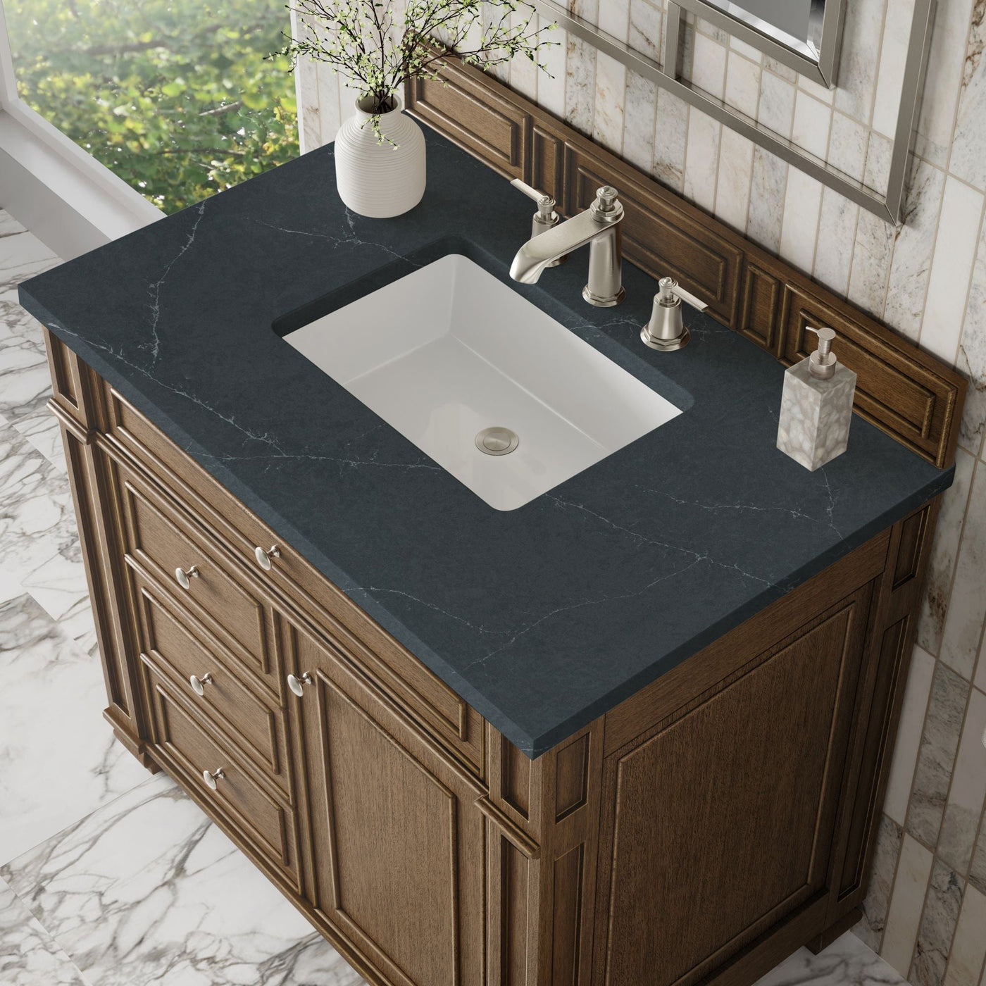 James Martin Bristol 36" Single Bathroom Vanity, Saddle Brown with Charcoal Soapstone countertop