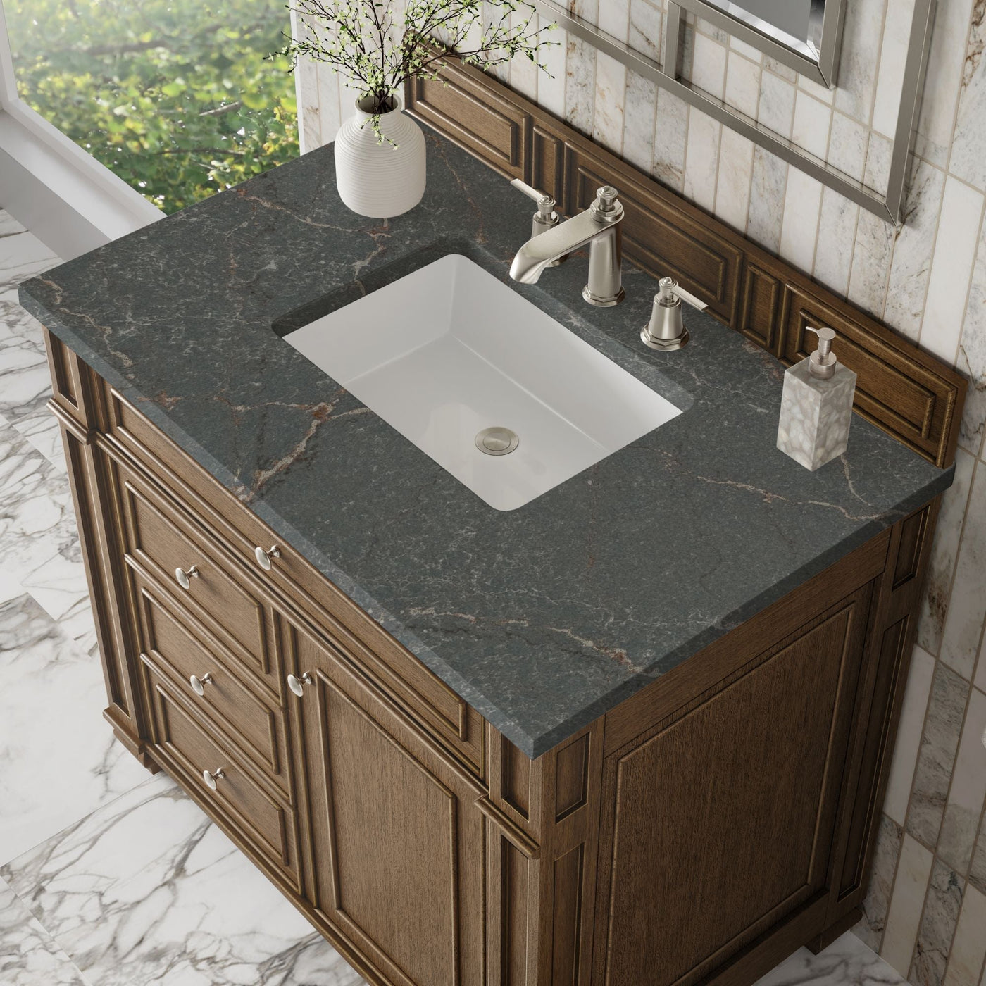 James Martin Bristol 36" Single Bathroom Vanity, Saddle Brown with Parisien Bleu countertop
