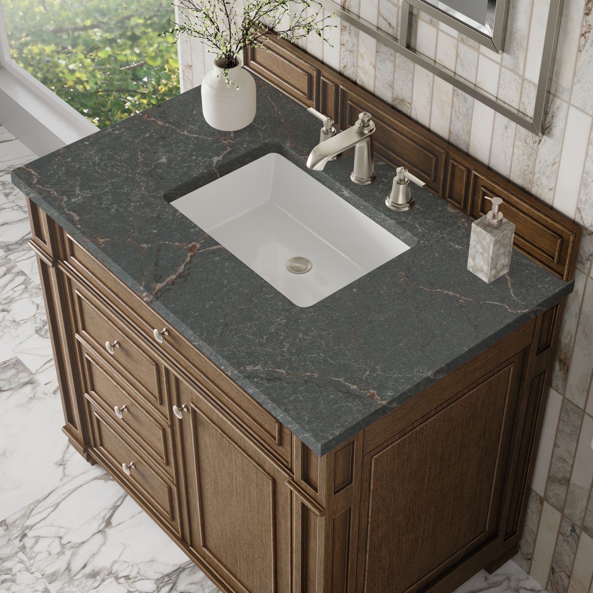 James Martin Bristol 36" Single Bathroom Vanity, Saddle Brown with Parisien Bleu countertop