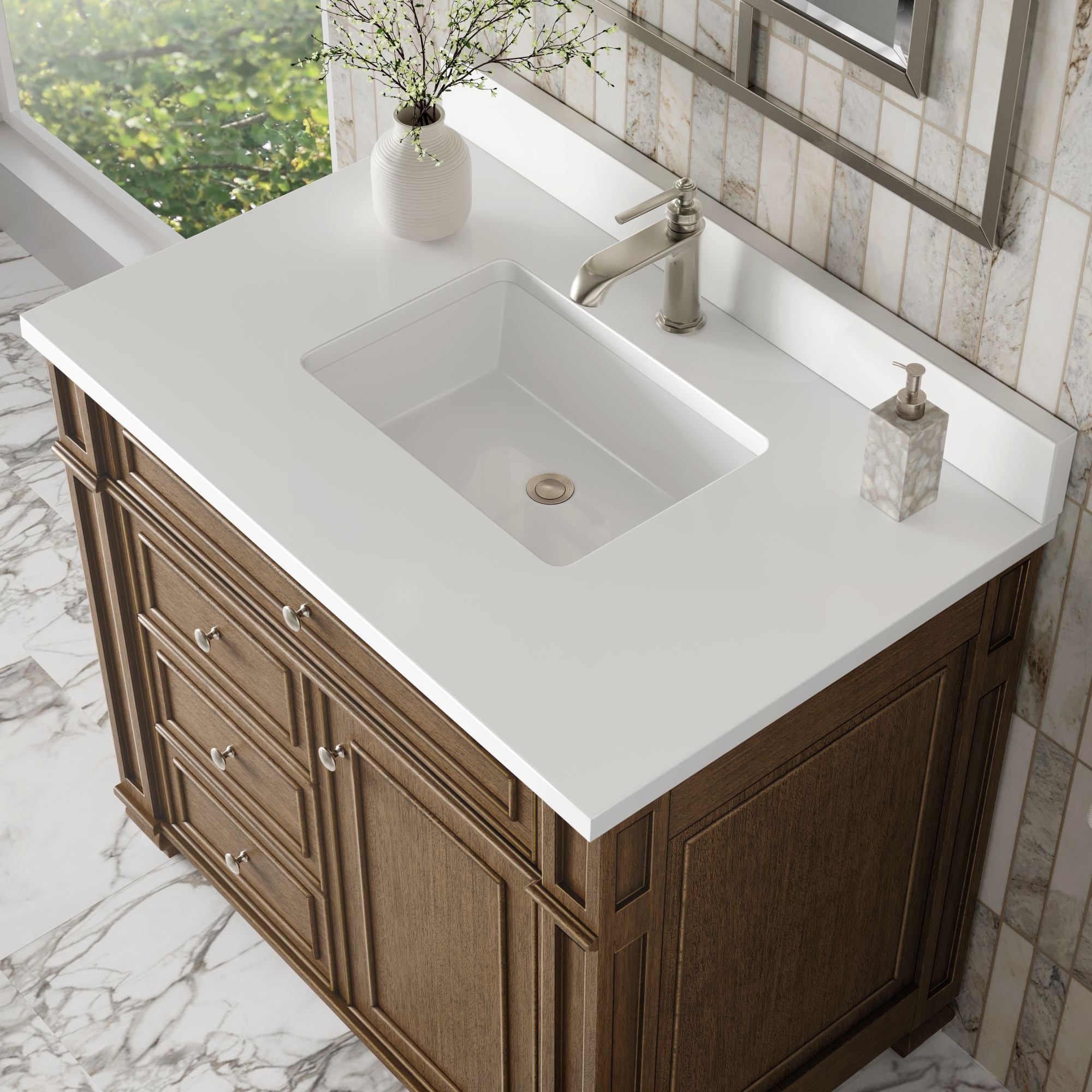 James Martin Bristol 36" Single Bathroom Vanity, Saddle Brown with White Zeus (Single Hole, with Backsplash) countertop