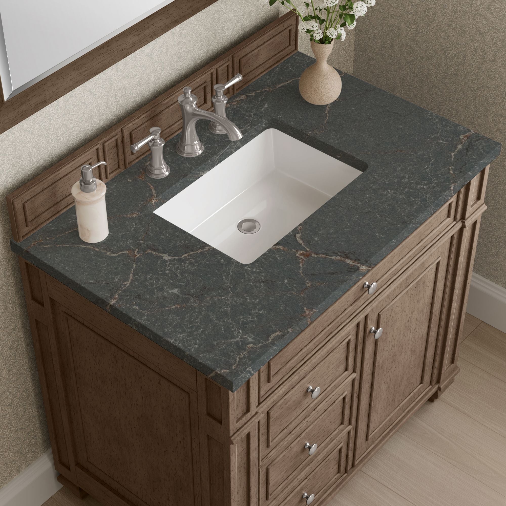 James Martin Bristol 36" Single Bathroom Vanity, Whitewashed Walnut with Parisien Bleu countertop