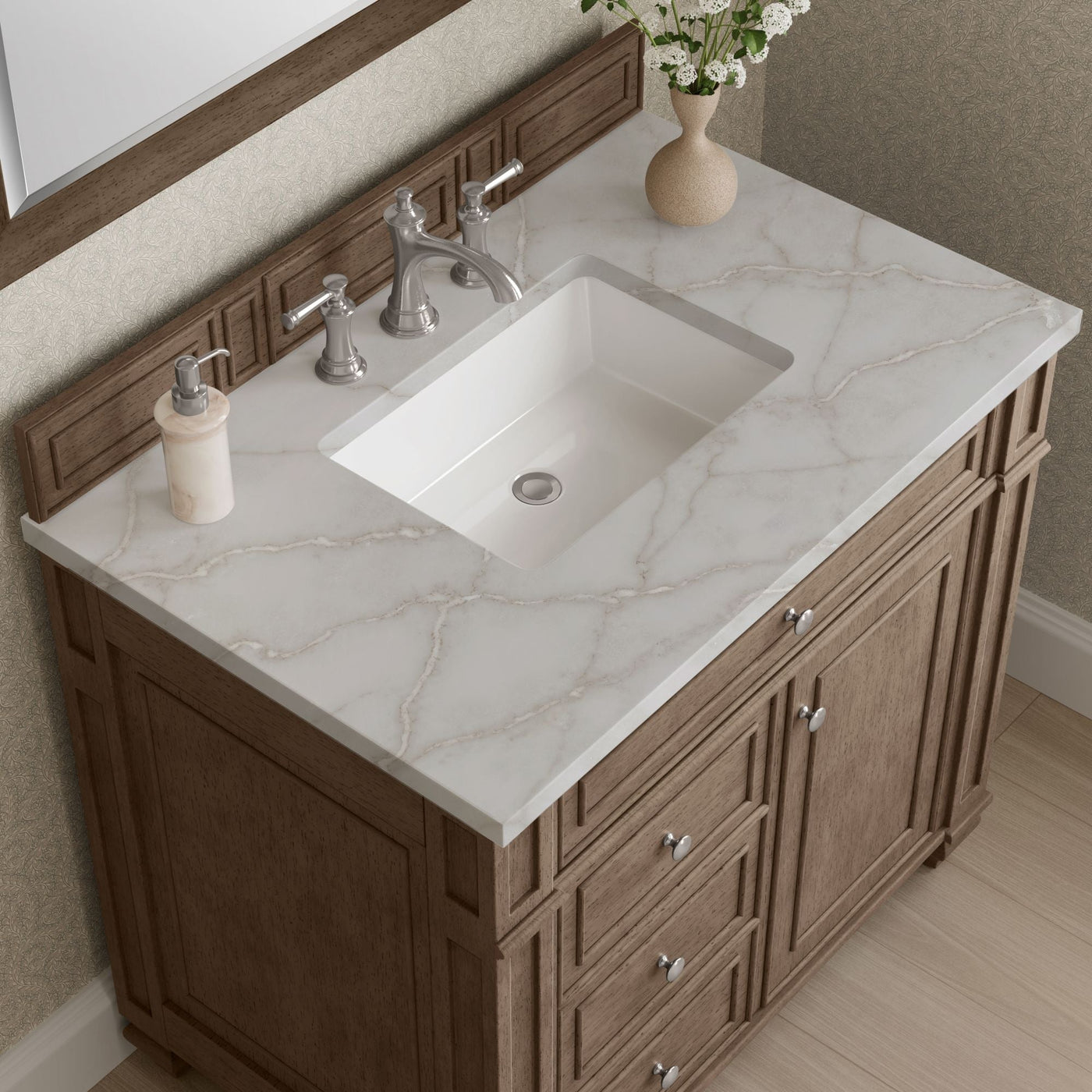 James Martin Bristol 36" Single Bathroom Vanity, Whitewashed Walnut with Victorian Silver countertop
