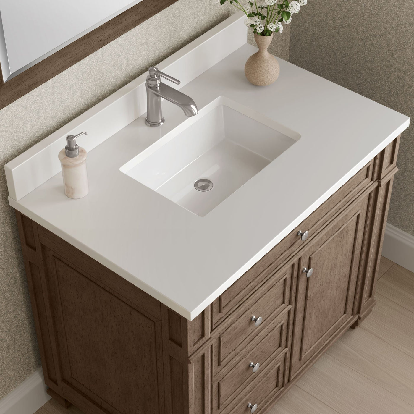 James Martin Bristol 36" Single Bathroom Vanity, Whitewashed Walnut with White Zeus (Single Hole, with Backsplash) countertop