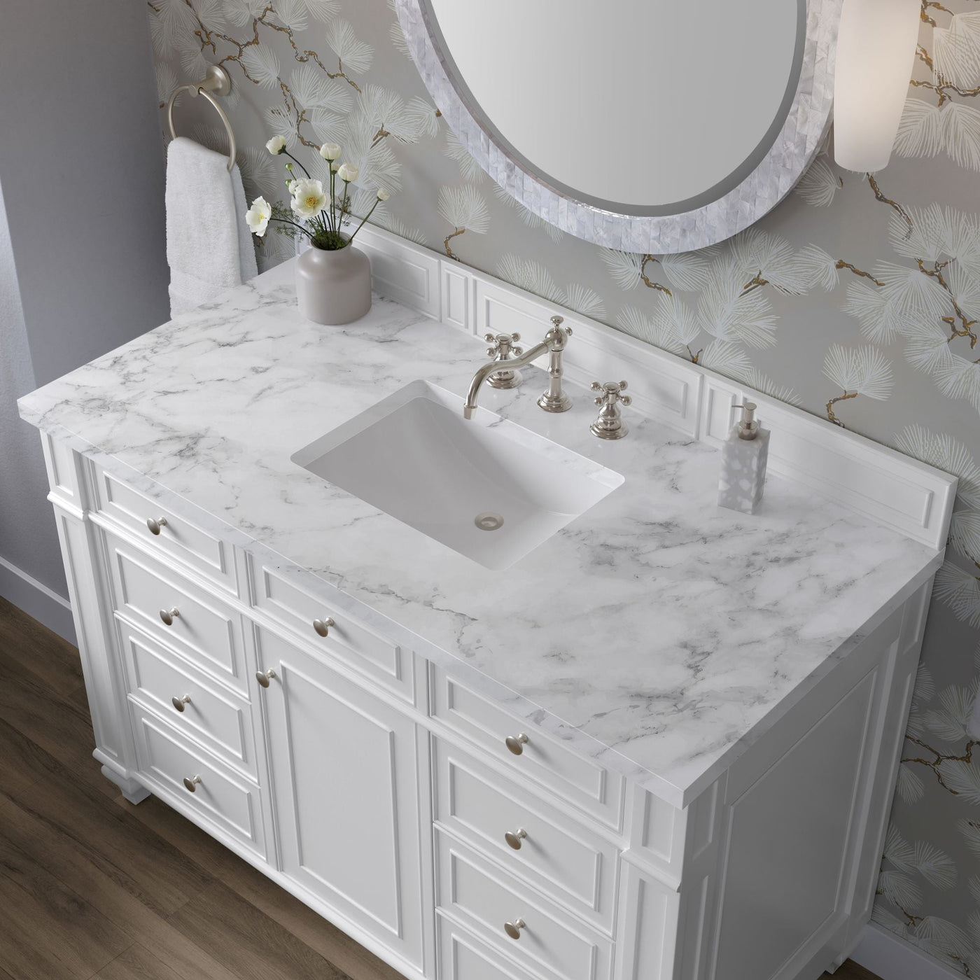 James Martin Bristol 48" Single Bathroom Vanity, Bright White with Carrara White countertop