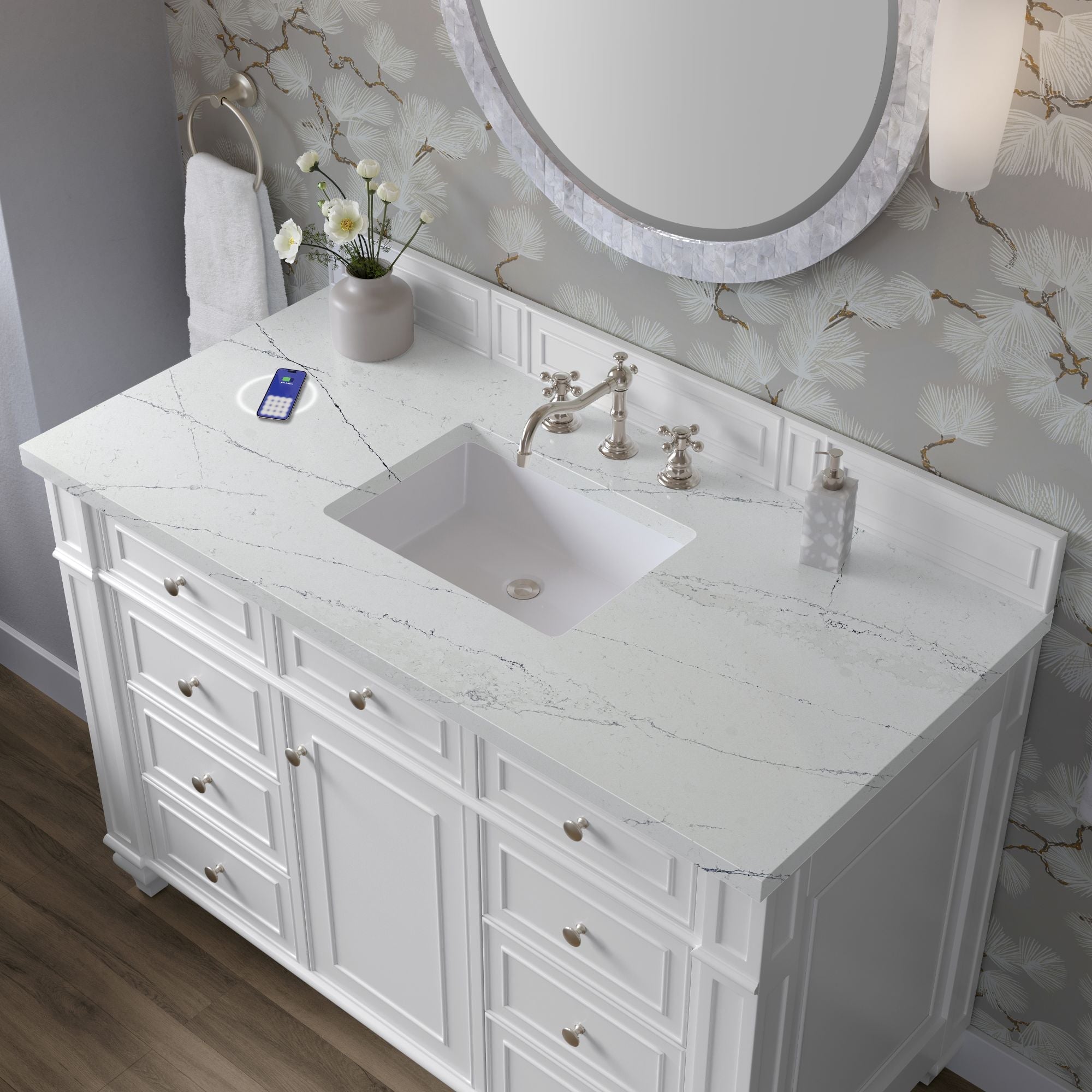 James Martin Bristol 48" Single Bathroom Vanity, Bright White with Ethereal Noctis (FreePower) countertop