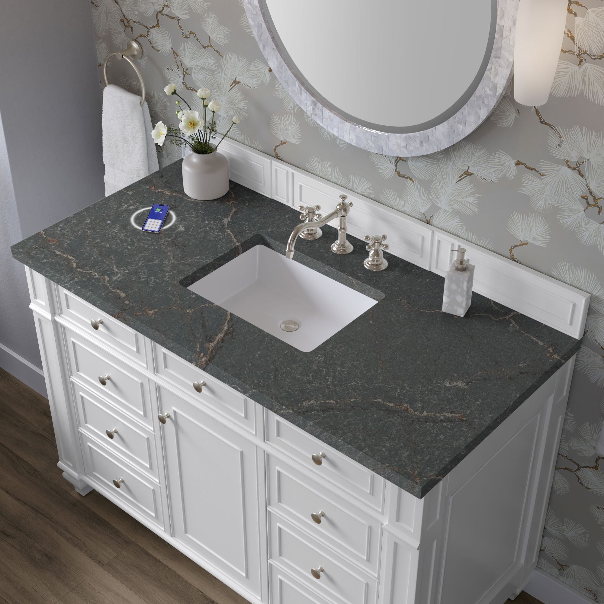 James Martin Bristol 48" Single Bathroom Vanity, Bright White with Parisien Bleu (FreePower) countertop