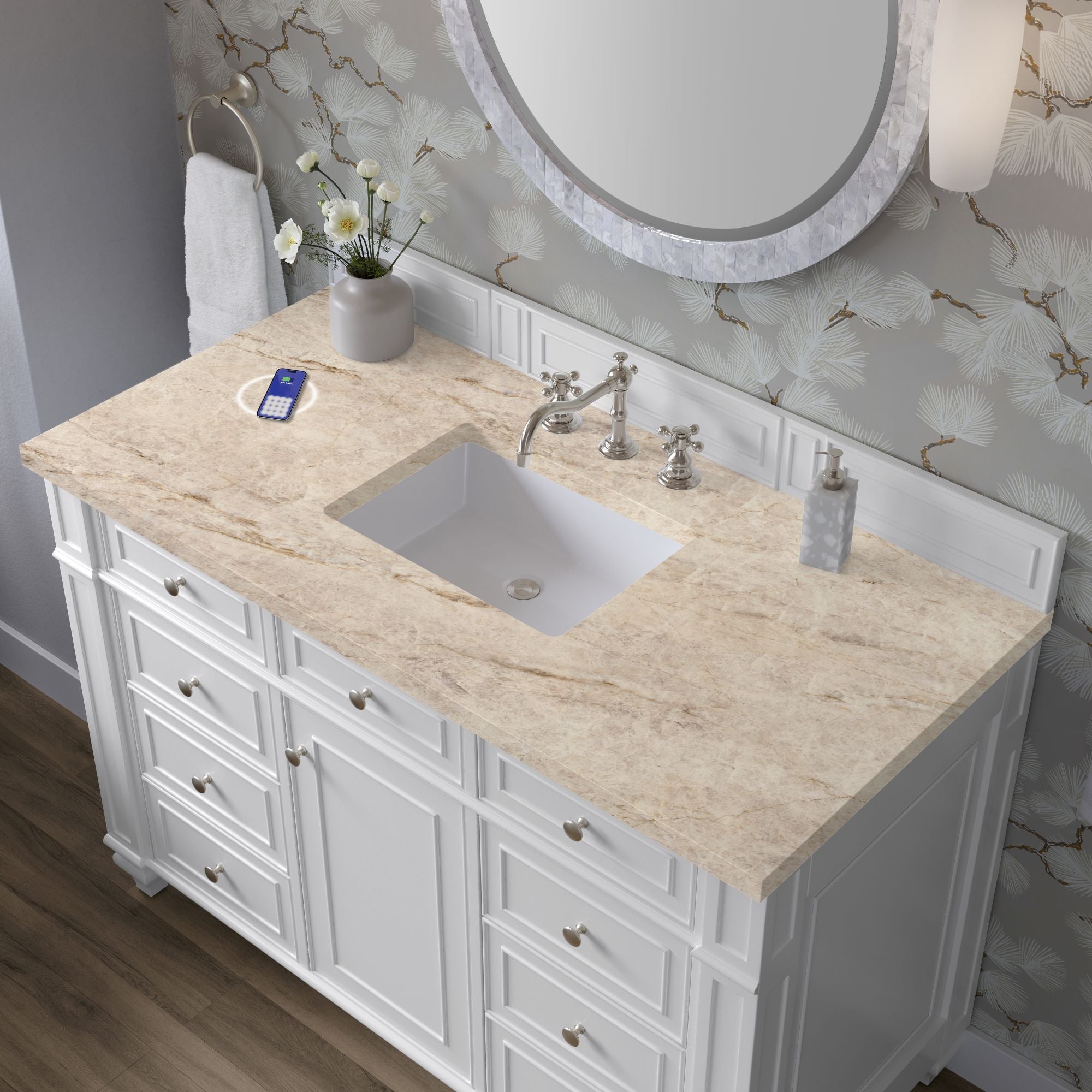 James Martin Bristol 48" Single Bathroom Vanity, Bright White with Tajnar (FreePower) countertop