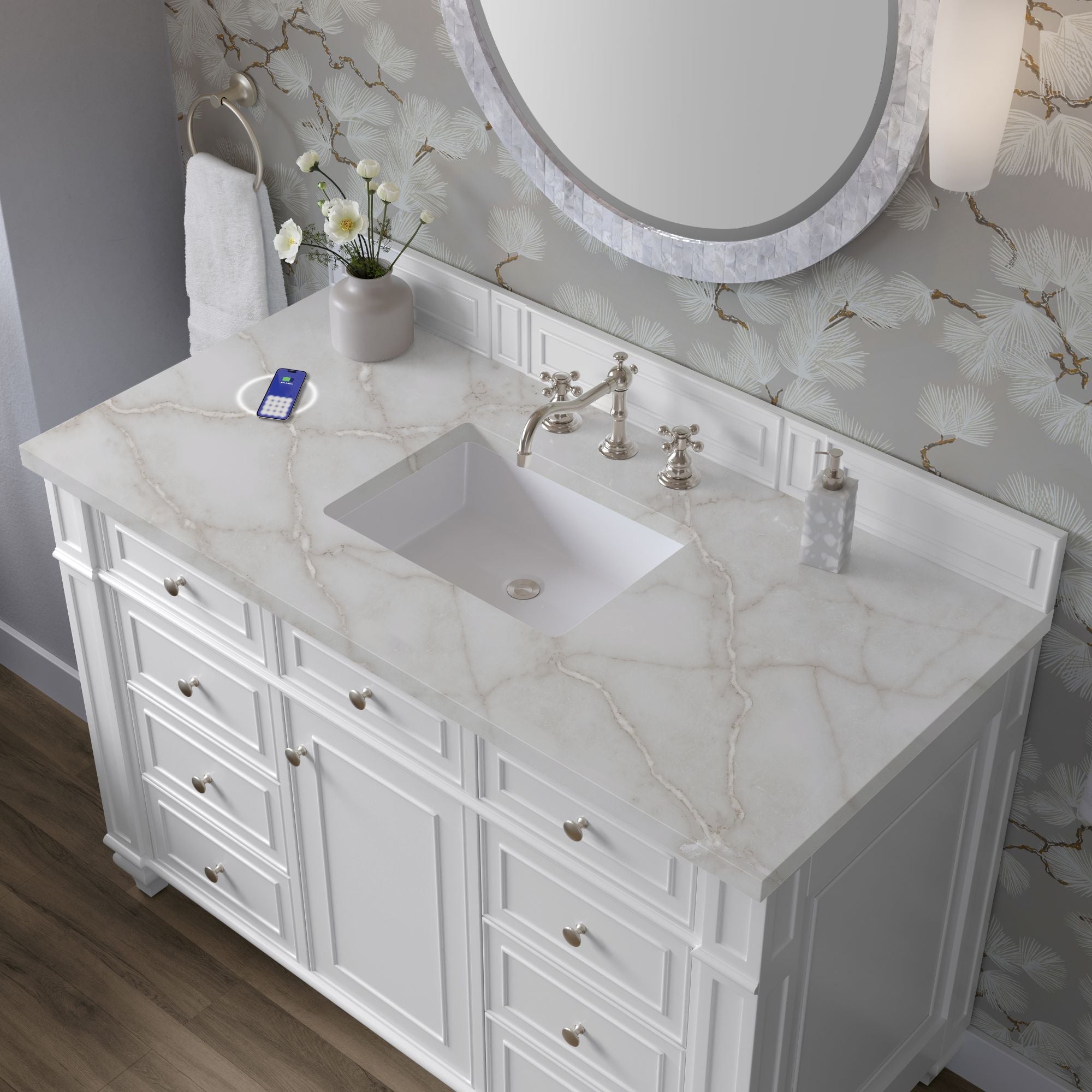 James Martin Bristol 48" Single Bathroom Vanity, Bright White with Victorian Silver (FreePower) countertop
