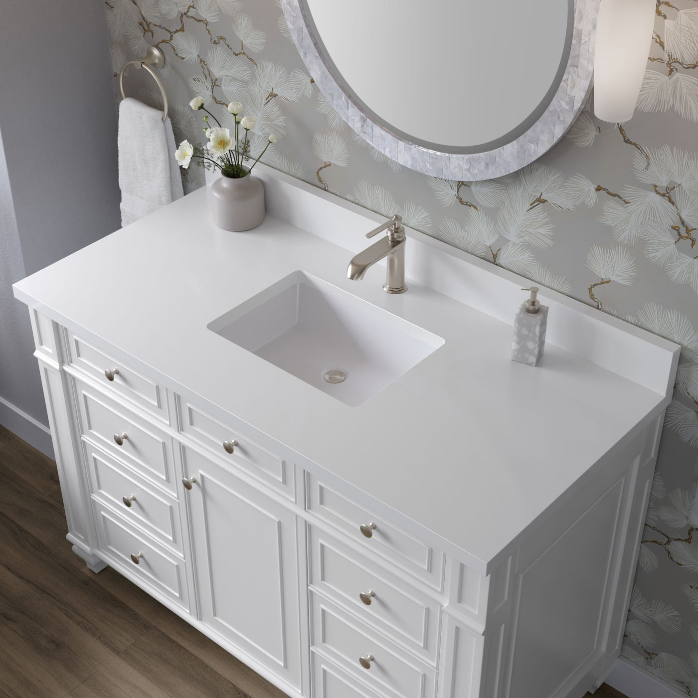 James Martin Bristol 48" Single Bathroom Vanity, Bright White with White Zeus (Single Hole, with Backsplash) countertop