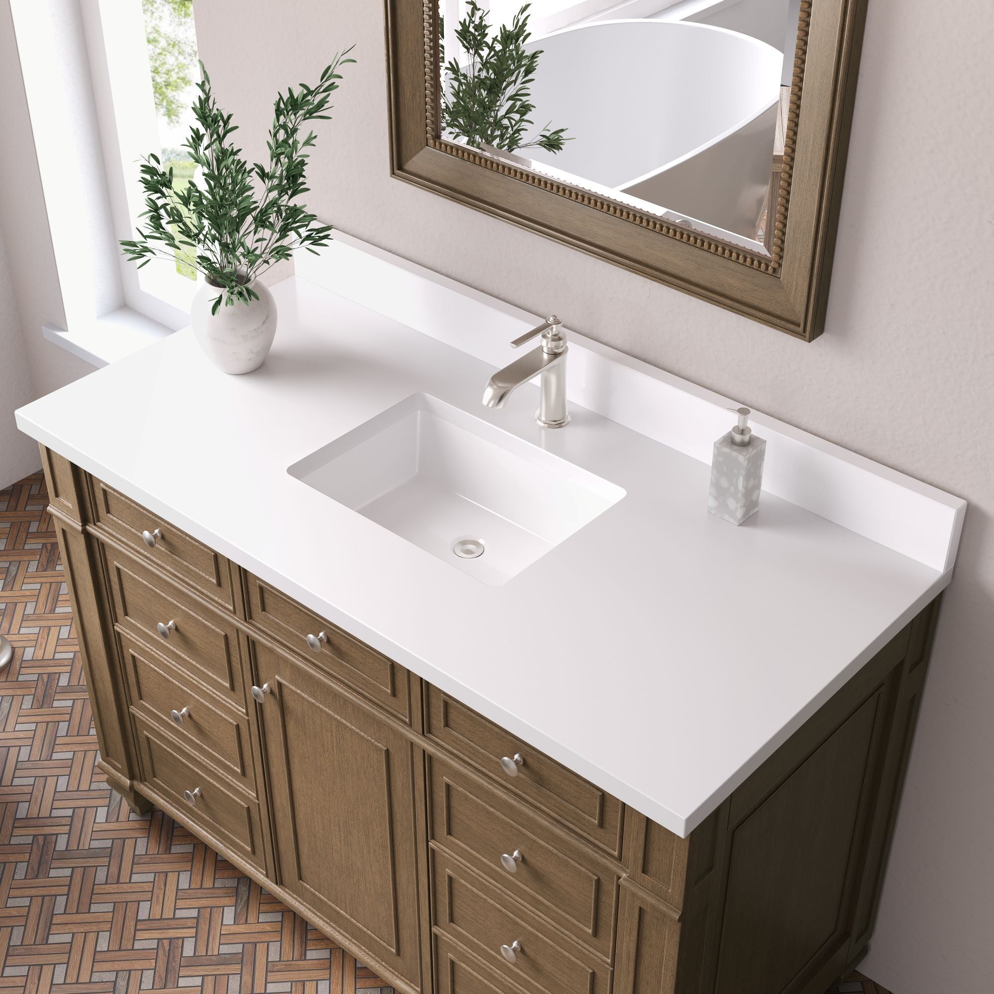 James Martin Bristol 48" Single Bathroom Vanity, Saddle Brown with White Zeus (Single Hole, with Backsplash) countertop