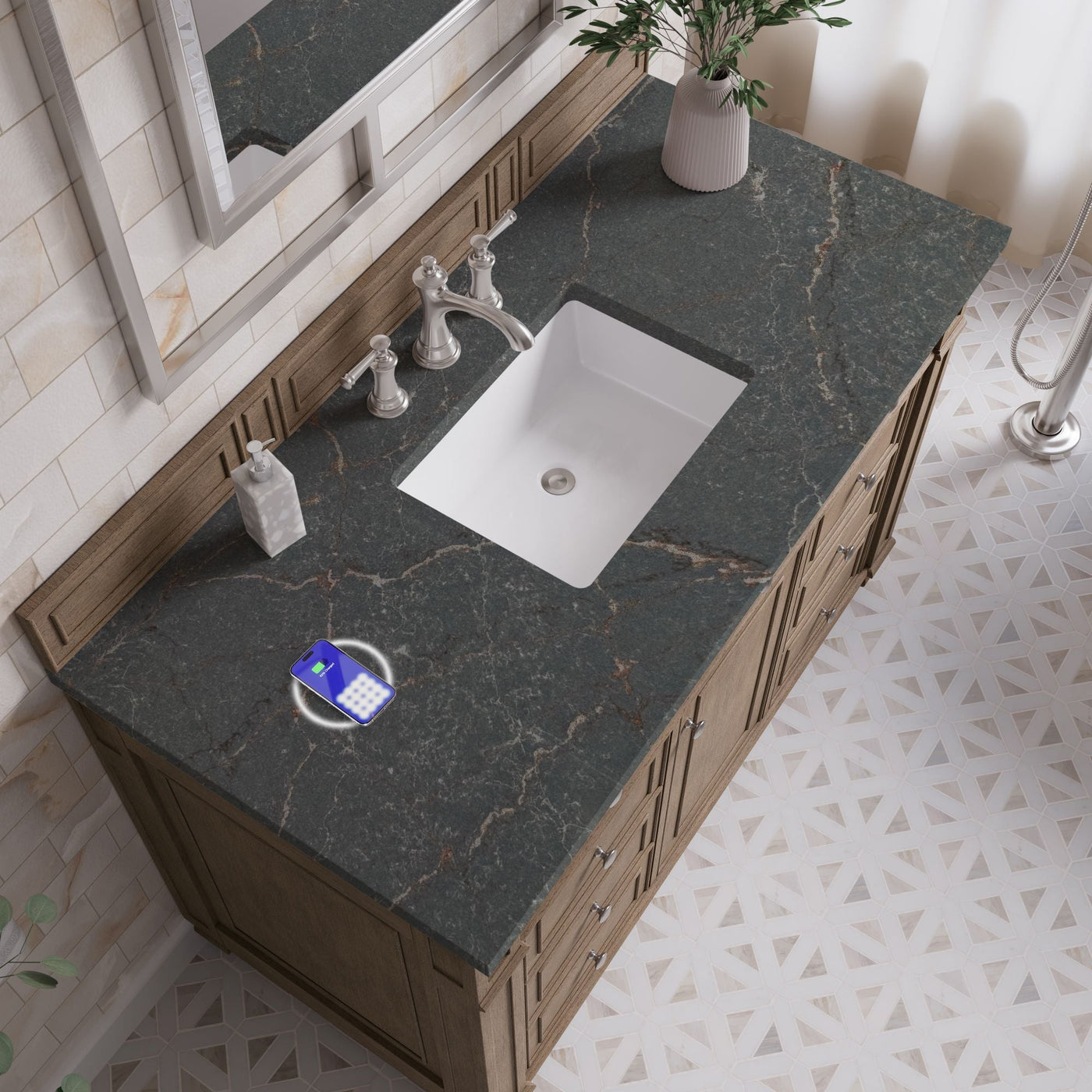 James Martin Bristol 48" Single Bathroom Vanity, Whitewashed Walnut with Parisien Bleu (FreePower) countertop