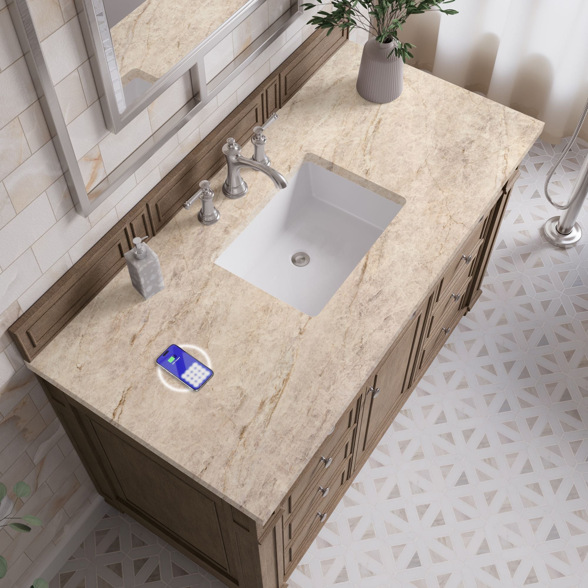 James Martin Bristol 48" Single Bathroom Vanity, Whitewashed Walnut with Tajnar (FreePower) countertop