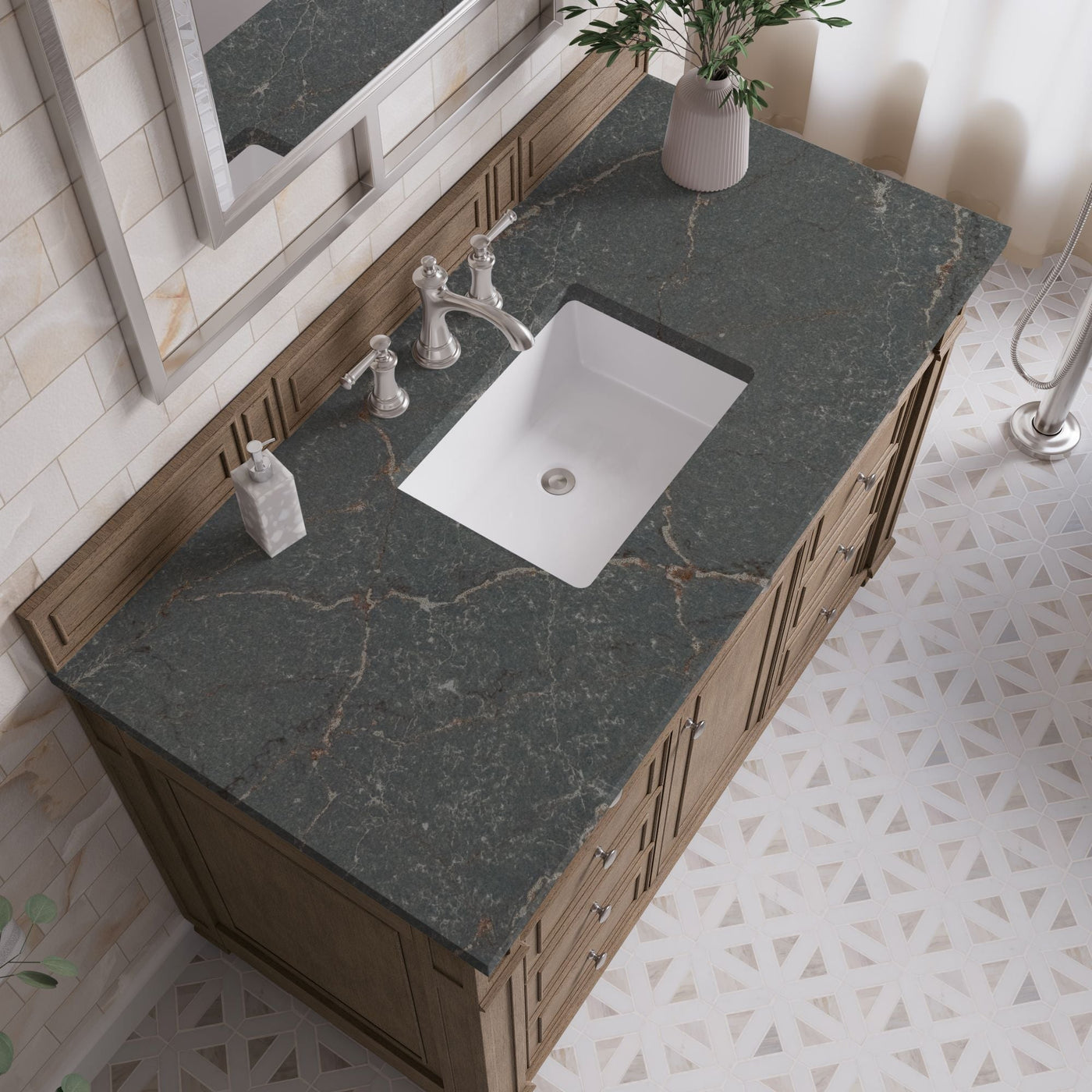 James Martin Bristol 48" Single Bathroom Vanity, Whitewashed Walnut with Parisien Bleu countertop