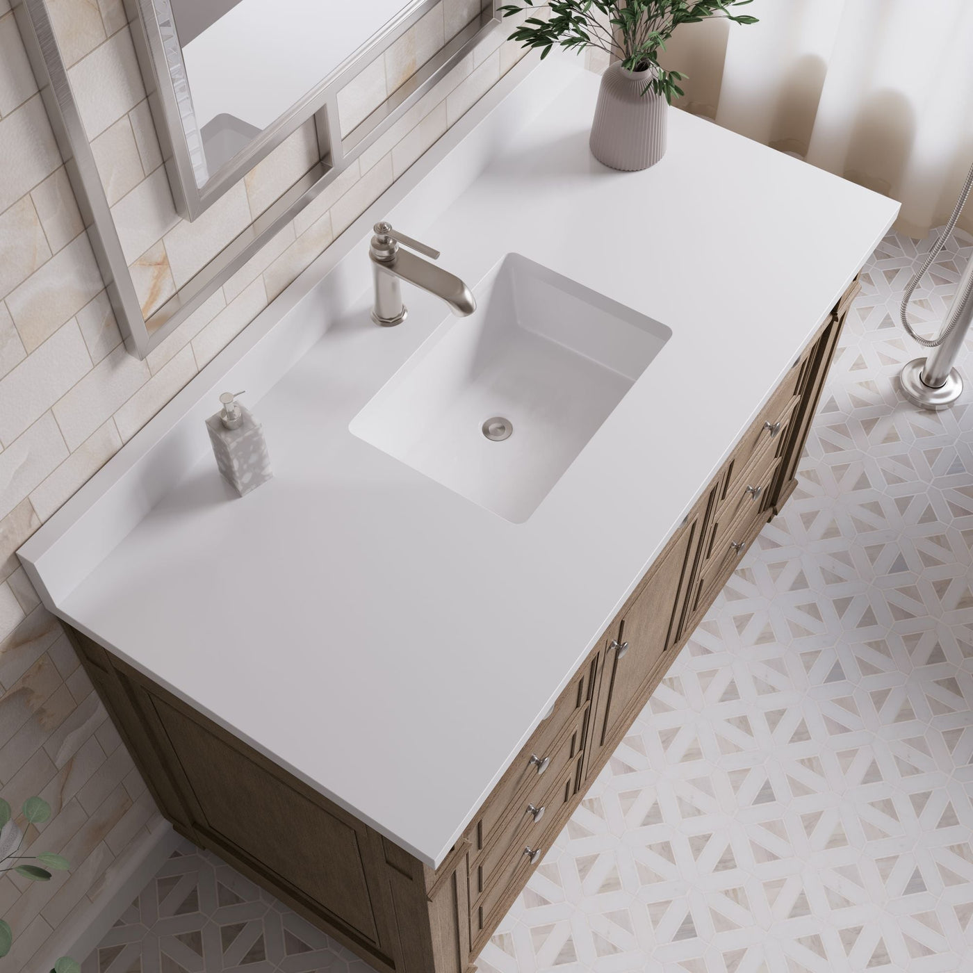 James Martin Bristol 48" Single Bathroom Vanity, Whitewashed Walnut with White Zeus (Single Hole, with Backsplash) countertop