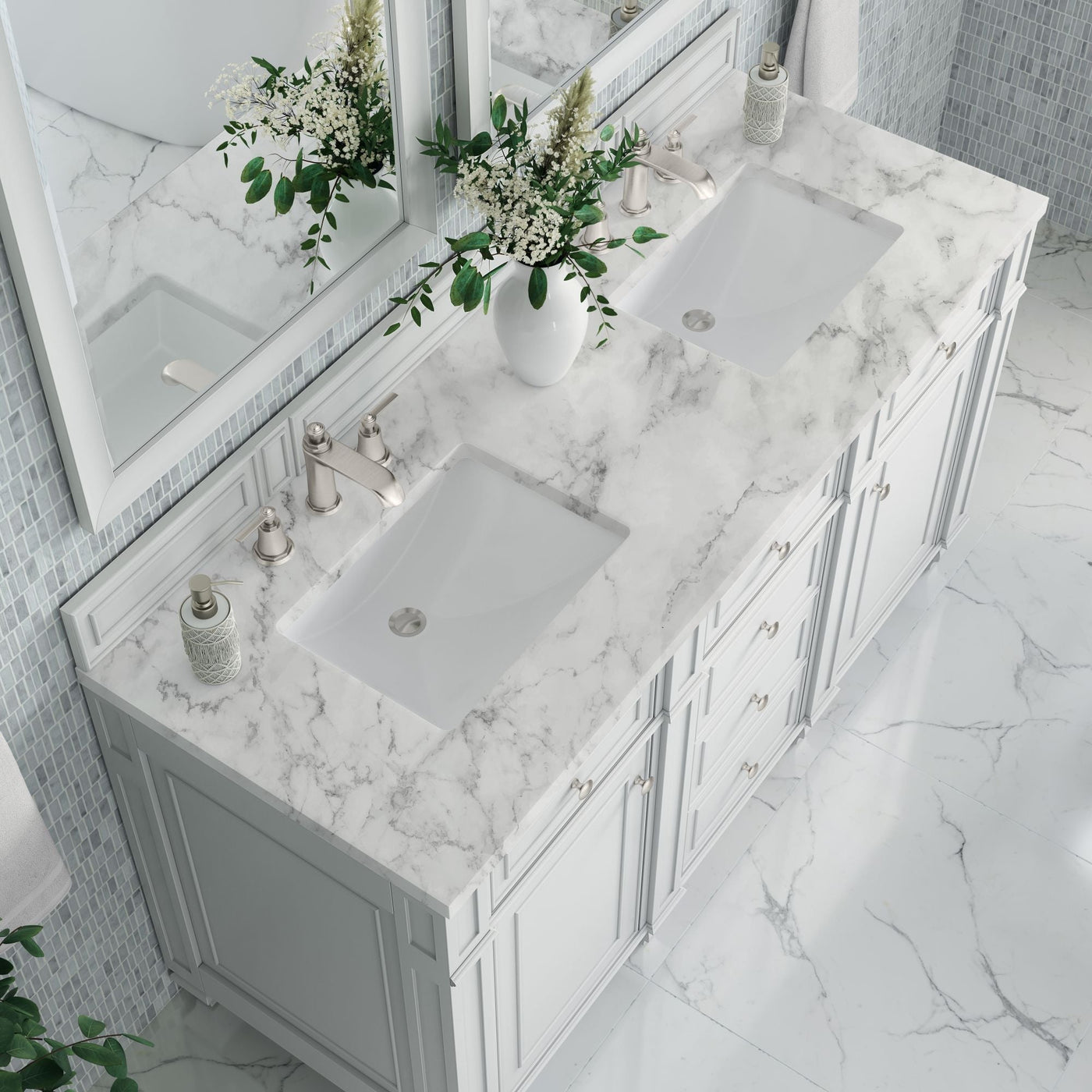 James Martin Bristol 60" Double Bathroom Vanity, Bright White with Carrara White countertop
