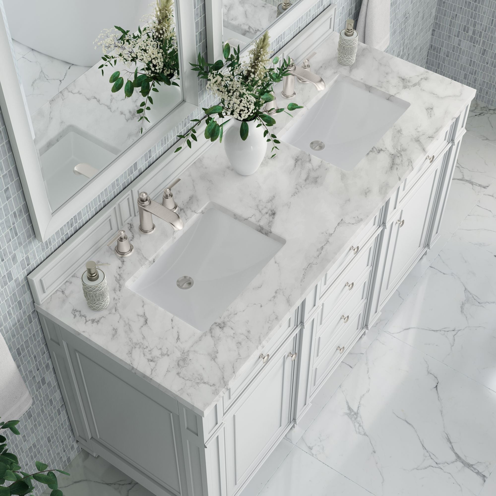 James Martin Bristol 60" Double Bathroom Vanity, Bright White with Carrara White countertop