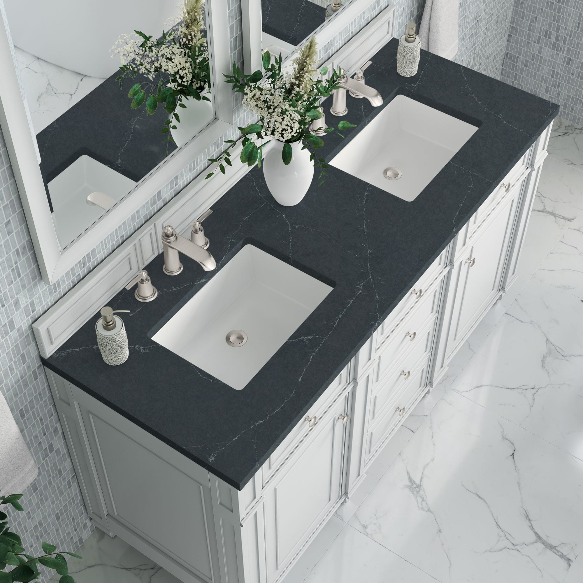 James Martin Bristol 60" Double Bathroom Vanity, Bright White with Charcoal Soapstone countertop