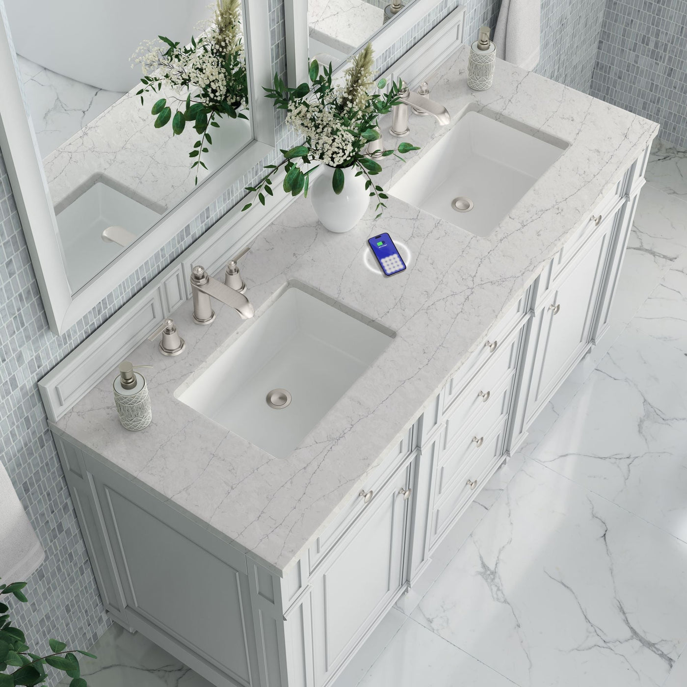 James Martin Bristol 60" Double Bathroom Vanity, Bright White with Eternal Jasmine Pearl (FreePower) countertop