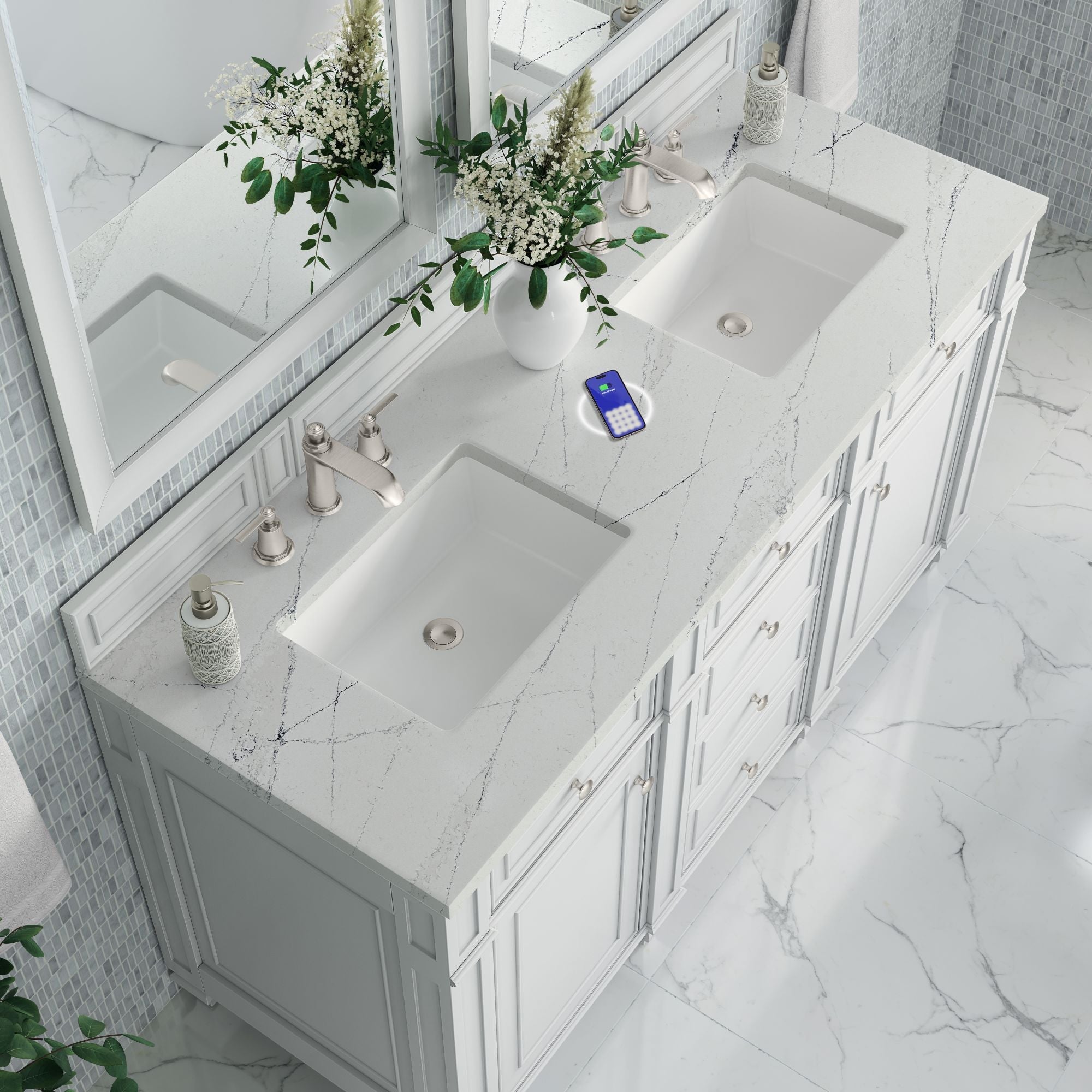 James Martin Bristol 60" Double Bathroom Vanity, Bright White with Ethereal Noctis (FreePower) countertop