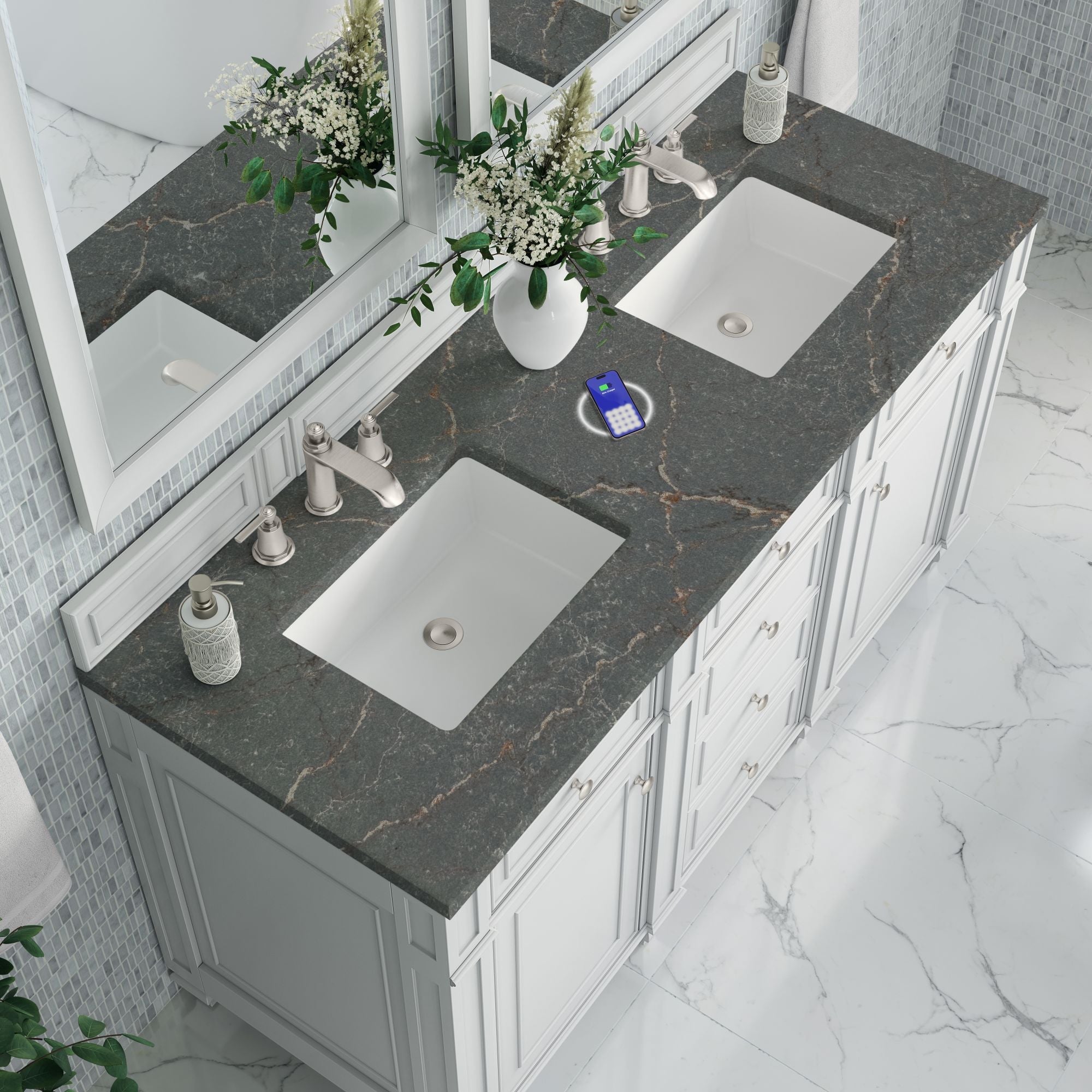 James Martin Bristol 60" Double Bathroom Vanity, Bright White with Parisien Bleu (FreePower) countertop