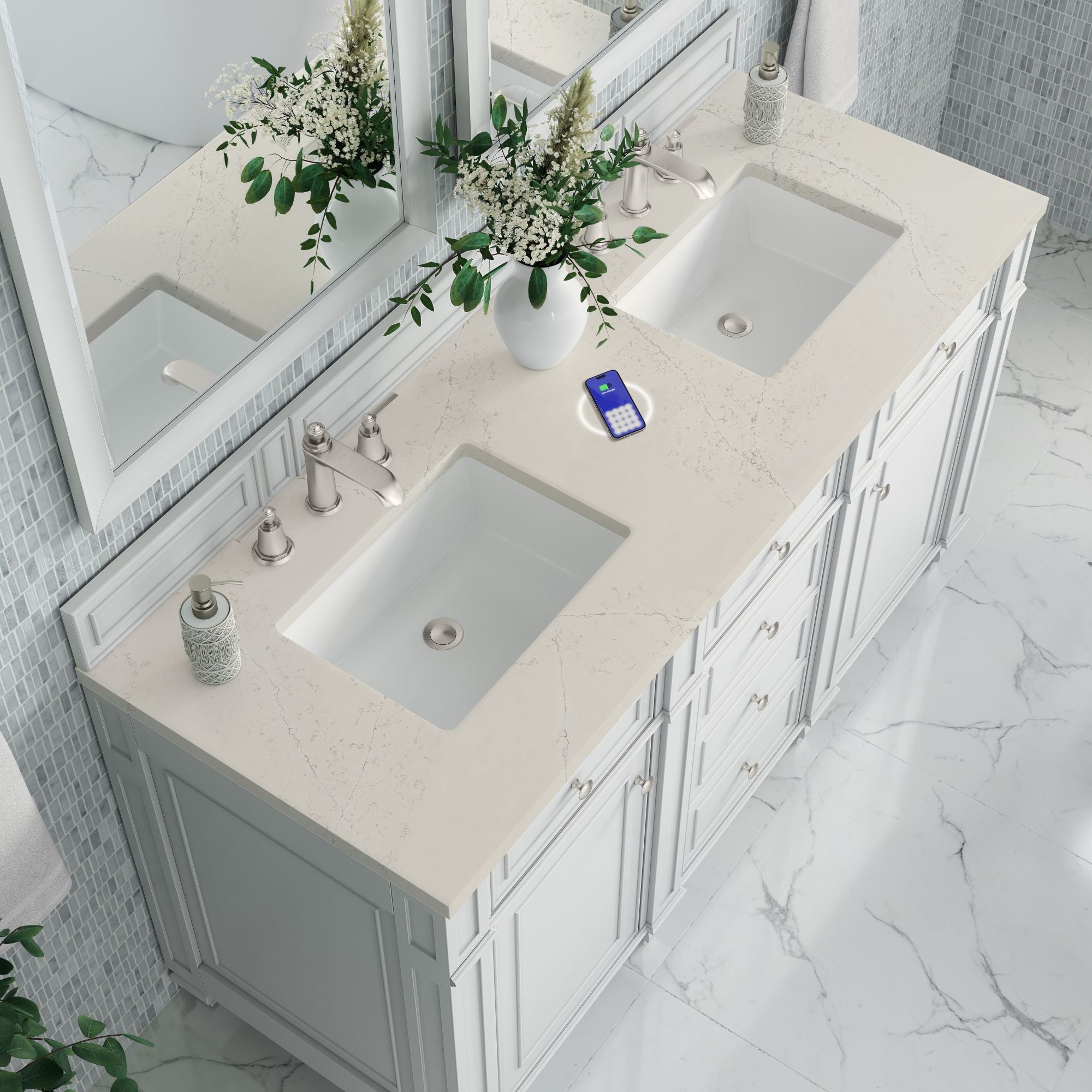 James Martin Bristol 60" Double Bathroom Vanity, Bright White with Siberian (FreePower) countertop