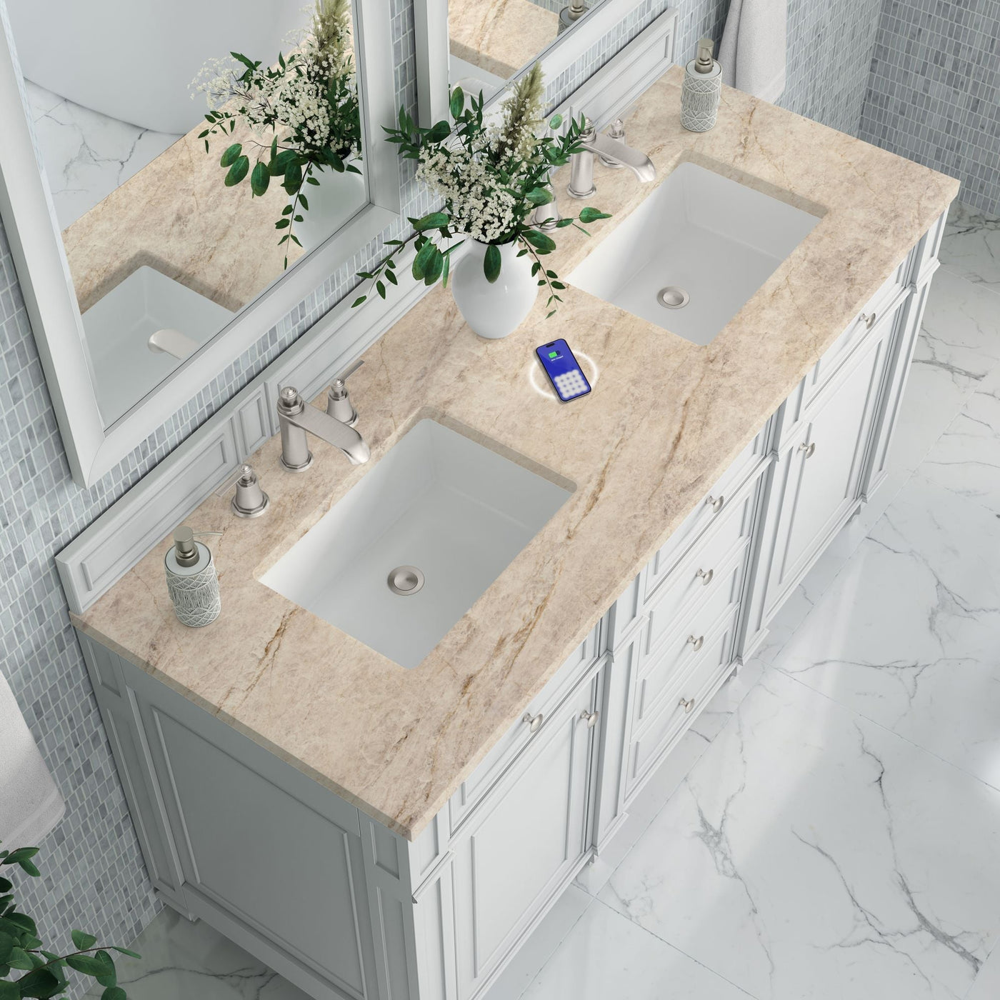 James Martin Bristol 60" Double Bathroom Vanity, Bright White with Tajnar (FreePower) countertop