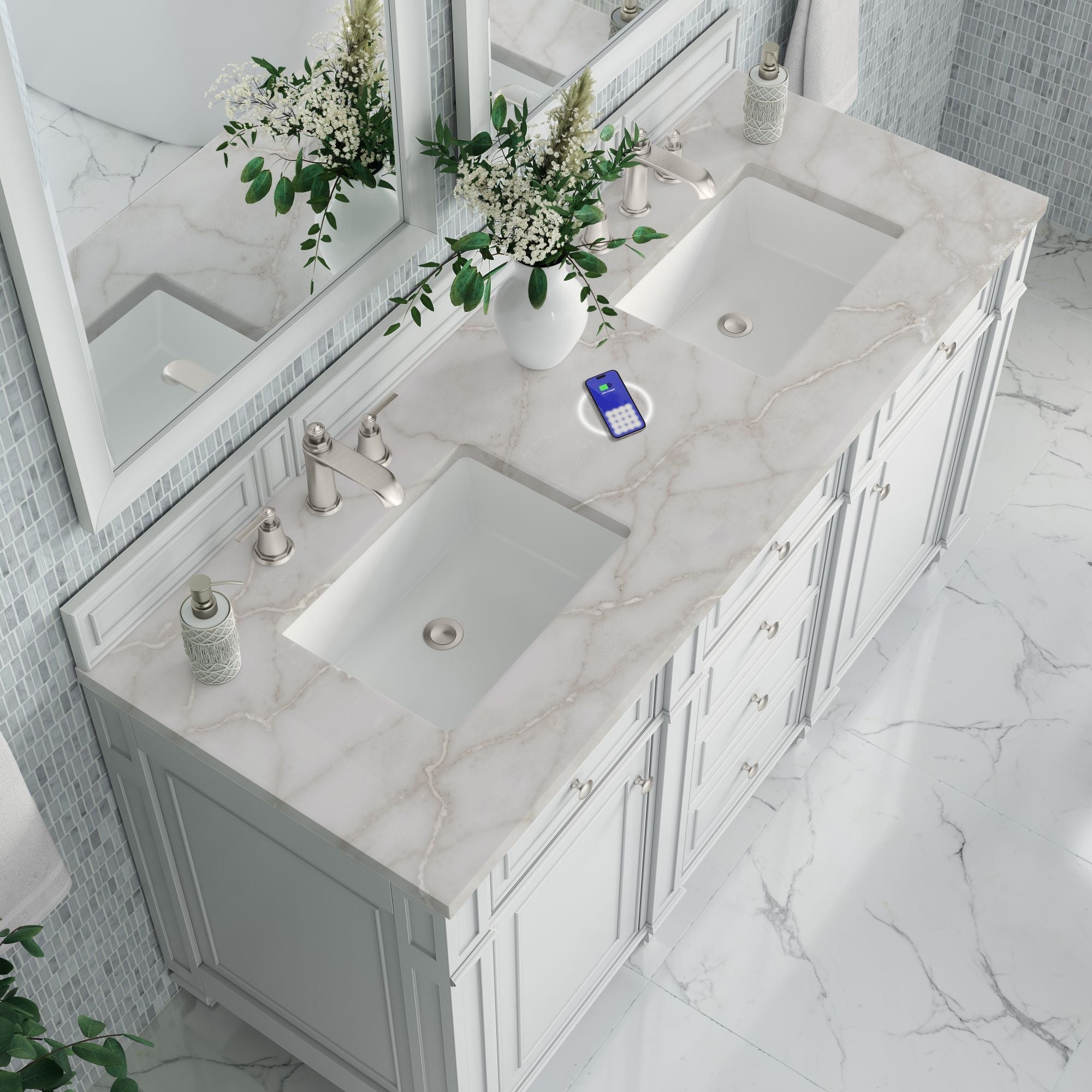 James Martin Bristol 60" Double Bathroom Vanity, Bright White with Victorian Silver (FreePower) countertop