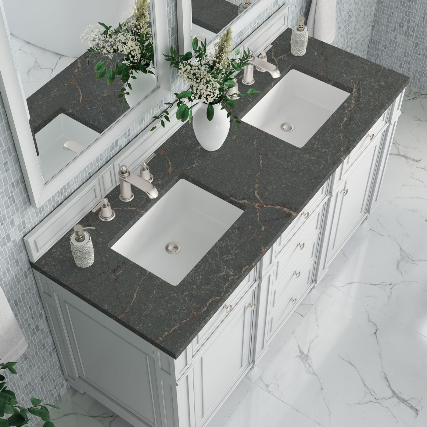 James Martin Bristol 60" Double Bathroom Vanity, Bright White with Parisien Bleu countertop