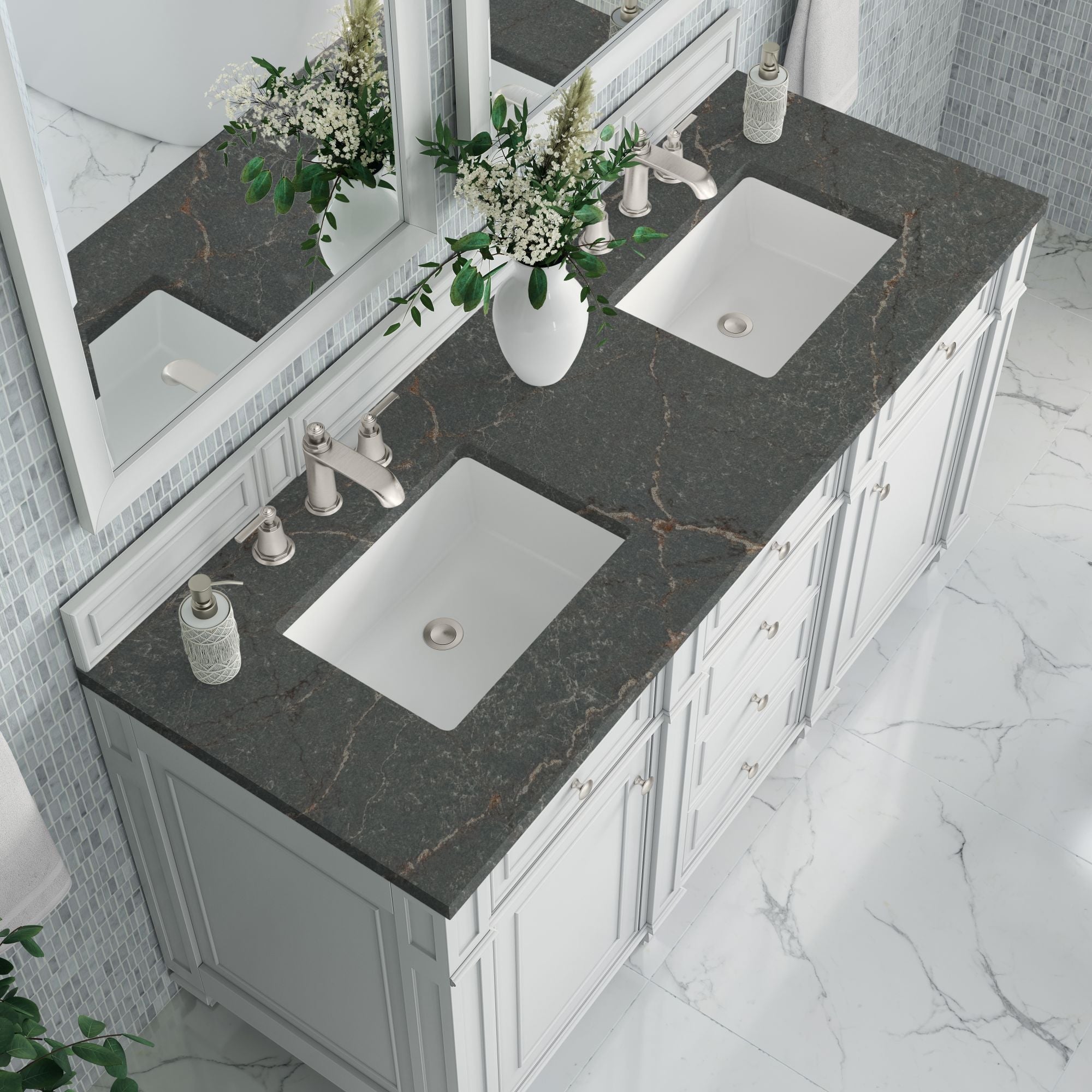 James Martin Bristol 60" Double Bathroom Vanity, Bright White with Parisien Bleu countertop
