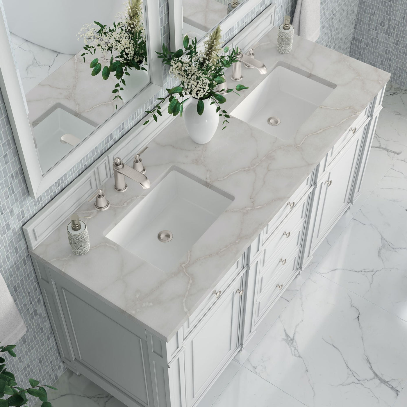 James Martin Bristol 60" Double Bathroom Vanity, Bright White with Victorian Silver countertop