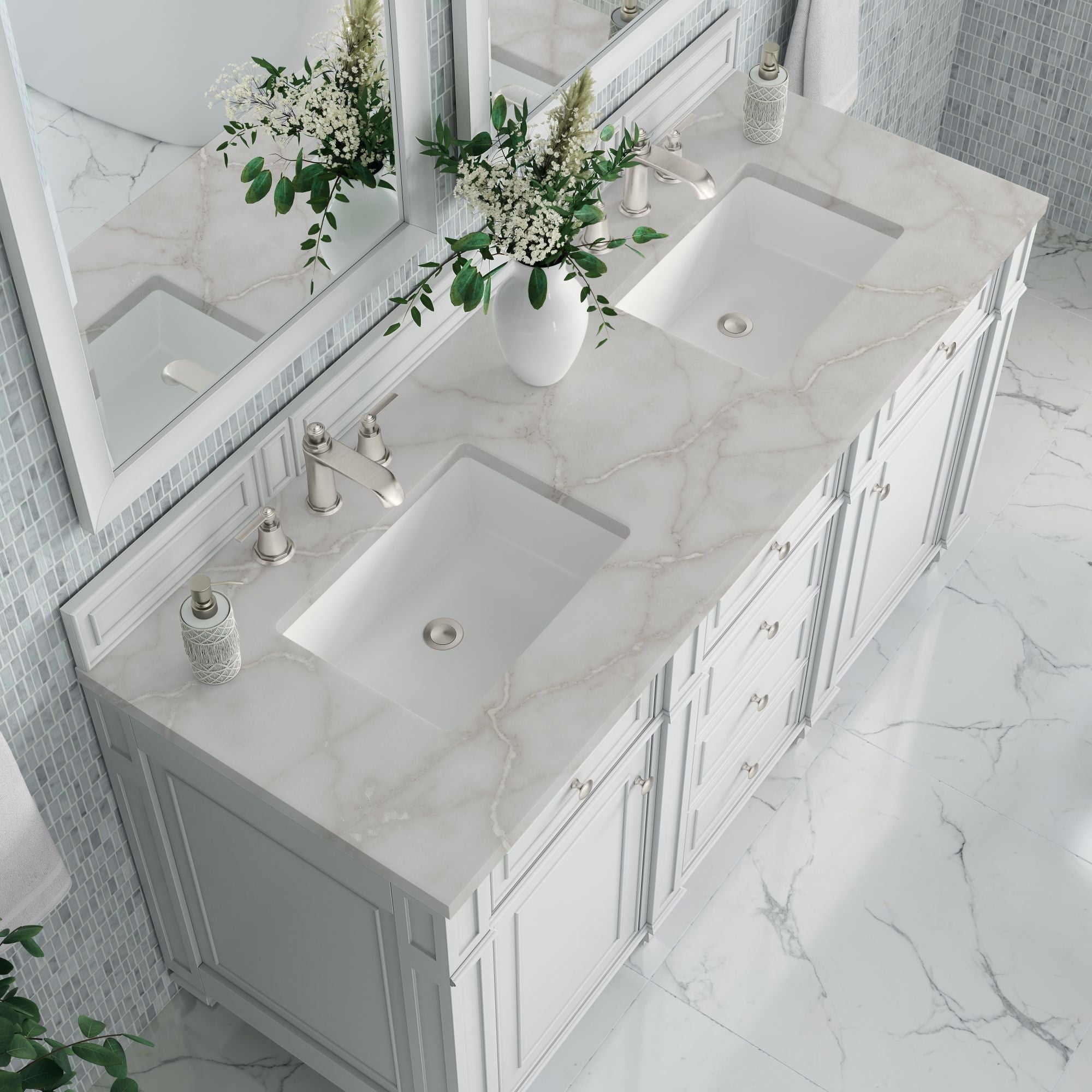James Martin Bristol 60" Double Bathroom Vanity, Bright White with Victorian Silver countertop
