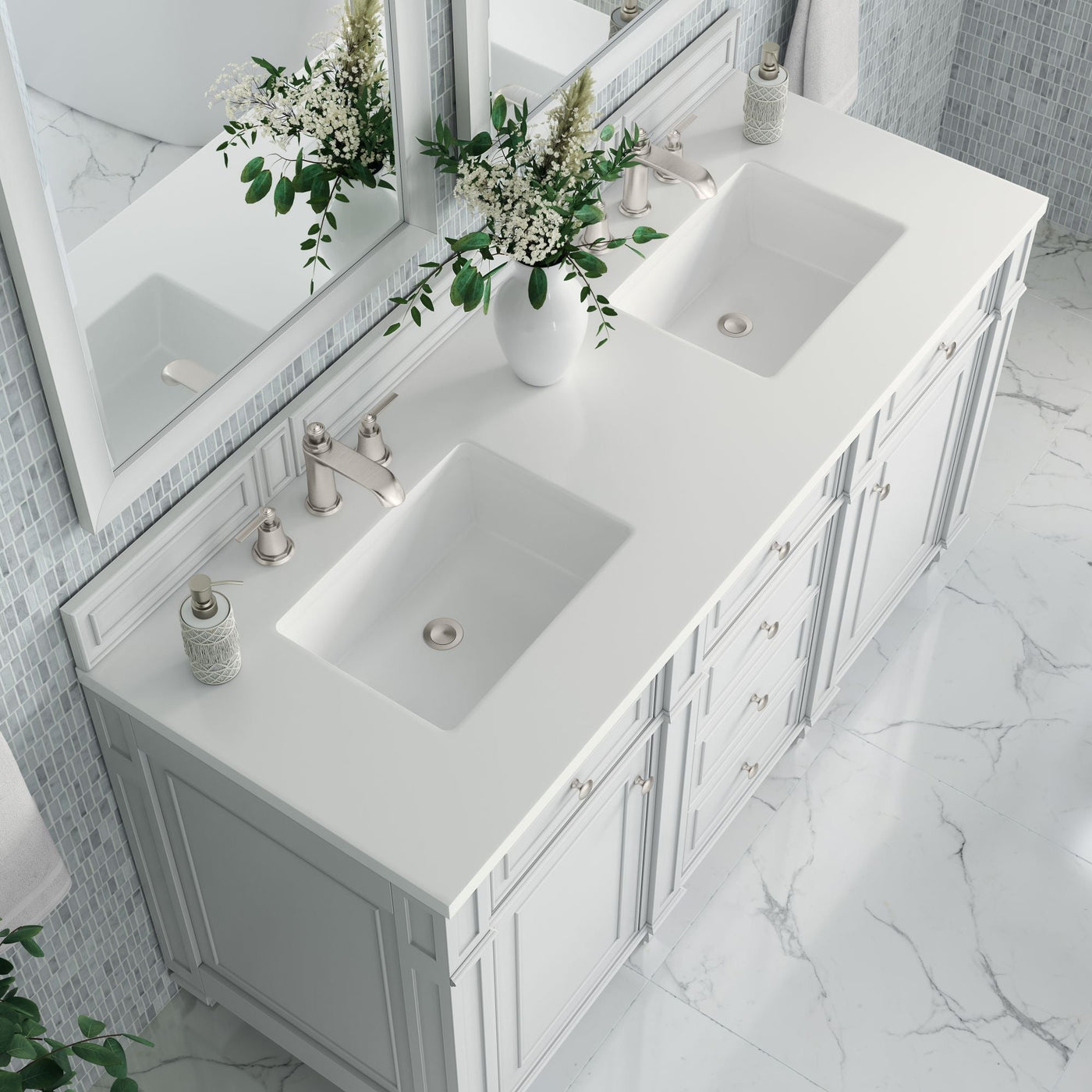 James Martin Bristol 60" Double Bathroom Vanity, Bright White with White Zeus countertop