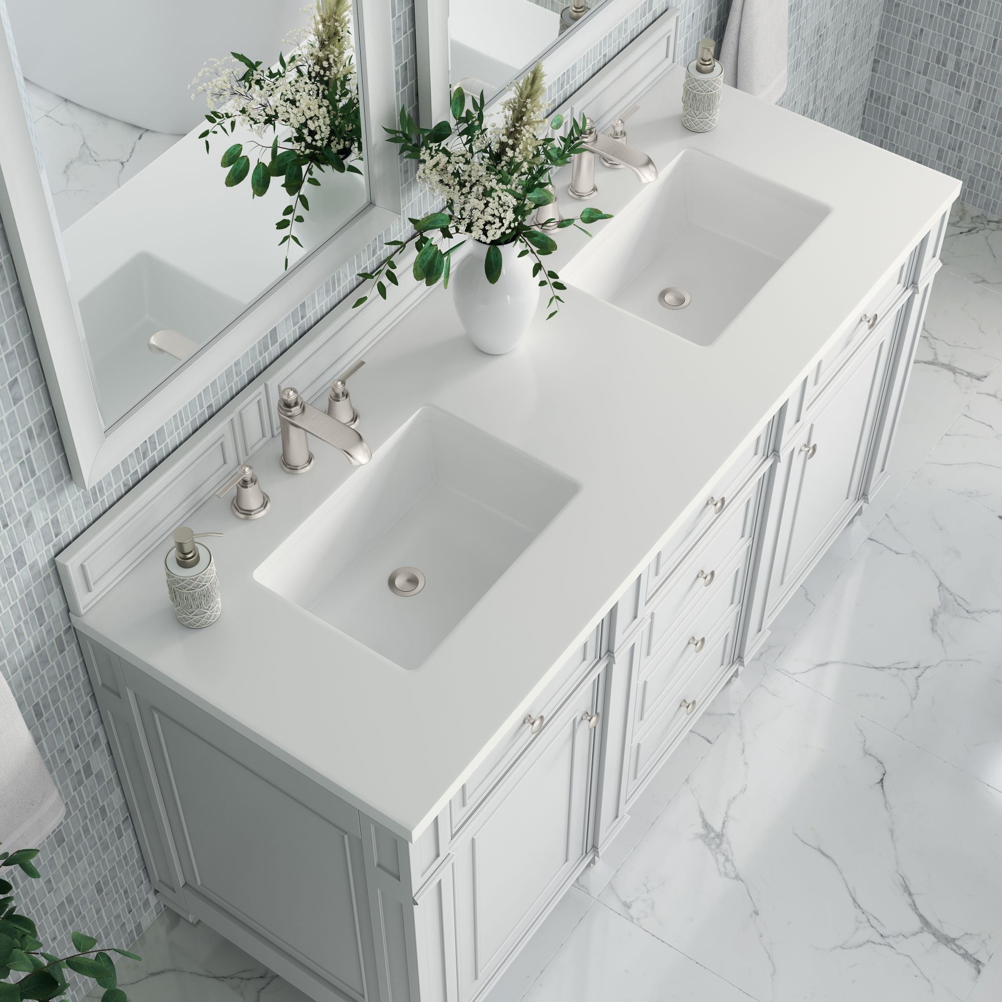 James Martin Bristol 60" Double Bathroom Vanity, Bright White with White Zeus countertop