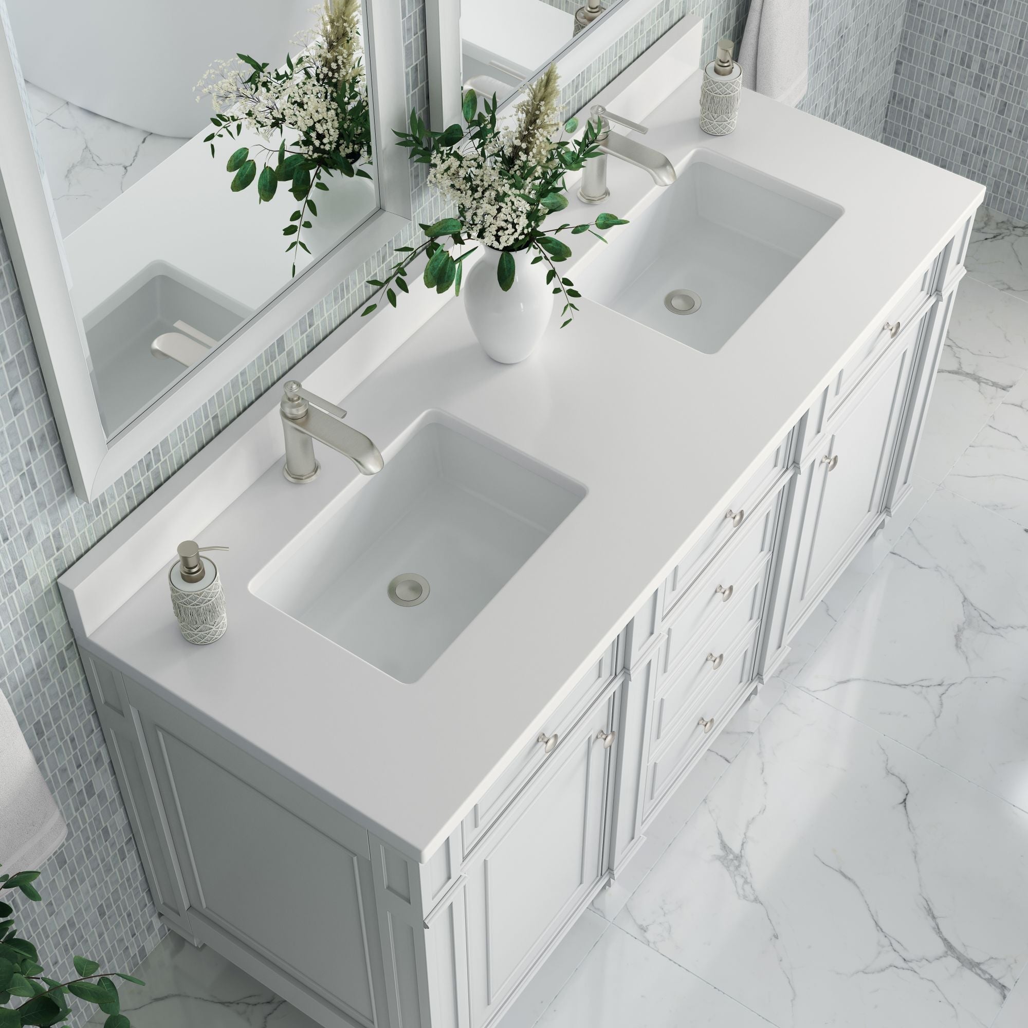 James Martin Bristol 60" Double Bathroom Vanity, Bright White with White Zeus (Single Hole, with Backsplash) countertop
